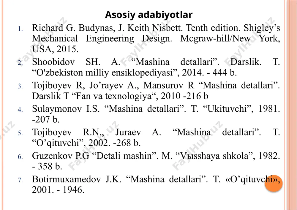 g reyting mezoni fanning maqsad va vazifalari mashina detallari fani barcha turdagi mashinalar uchun umumiy bo’lgan detal (bolt, gayka,tishli g’ildirak va boshqalar) va uzellarni hisoblash va loyihalash asoslarini o’rgatuvchi fan. detal-mashinaning bir xil materialdan tayyorlangan va alohida bo’laklarga ajralmaydigan qismi. masalan: bolt, gayka, shkif, tishli g’ildirak va boshqalar. uzel-bir nechta detallarning yig’indisidan iborat bo’lib, mashinada biror bir ishni bajarishga mo’ljallangan. mashinasozlikda bir turdagi mashinalar uchun umumiy bo’lgan detal va uzellardan tashqari faqat bir yoki bir necha mashinalarda ishlaydigan detal va uzellar ham uchraydi, masalan, paxta tozalash mashinasining arrasi, to’qimachilik mashinalarida ishlatiladigan urchuq, tikuv mashinalarida ishlatiladigan ignalar va boshqalar. bu detallarni loyihalash va hisoblash mahsus kurslarda o’rganiladi. barcha turdagi mashinalarda ishlatiladigan detal va uzellarni quyidagi guruxlarga bo’linishi mumkin: birikmalar. ajralmas (payvand, kalta mixli va boshqalar), ajraluvchan (boltli, shponkali va boshqalar) birikmalar guruhiga bo’linadi. uzatmalar. xarakatni bi valdan ikkinchi valga o’zaro ilashish (tishli, zanjirli va boshqalar) yoki ishqalanish (tasmali, friktsion va boshqalar)yordamida …