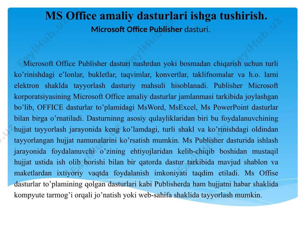 i uchun yaratilgan ofis ilovalari to'plami.office 2019 – microsoft office 2016’dan keyingi ofis to‘plamining joriy versiyasi. microsoft office’ning ushbu versiyasi 2018-yil 24-sentabrda windows 10 va macos uchun foydalanishga topshirildi. office 2019 endi windows 7 va windows 8.1 ni qo‘llab-quvvatlamaydi ms office amaliy dasturlari lizenziyasi haqida. office 2019 uchun doimiy litsenziyalarushbu litsenziyalarning nomlari versiya raqamini o'z ichiga oladi - office 2019. ular quyidagi versiyalarda mavjud:box litsenziyasi (fpp).elektron kalitlar (esd).korporativ litsenziyalar (ochiq litsenziya, open value va boshqalar).har bir variantning afzalliklari va kamchiliklarini ko'rib chiqing. ms office amaliy interfeys ishga tushirish. ms office amaliy interfeys ishga tushirish. ms office amaliy interfeys ishga tushirish. ms office amaliy interfeys ishga tushirish. ms office amaliy interfeys ishga tushirish. ms office amaliy interfeys ishga tushirish. image2.png image3.jpeg image4.png image5.jpeg image14.png image15.png image16.png image17.png image18.png image6.png image7.png image8.png image9.png image10.png image11.png image12.png image13.png image19.jpeg image20.jpeg image21.png image22.jpeg image23.jpeg image24.png image25.jpeg image26.jpeg /docprops/thumbnail.jpeg