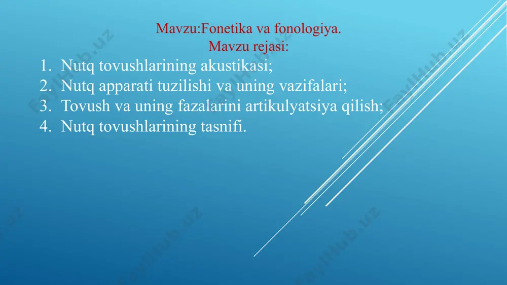 , et-bet, sava – savat, tana – tashna, taxt – taxta, o‘roq – so‘roq kabi. fonetik akustika fonetik akustika nutq tovushlarining fizik xususiyatlarini tekshiradigan sohadir. akustik jihatdan har qanday tovush havo oqimining tebranishi va bu tebranishning quloqqa eshitilishidir. nutq tovushlari esa o‘pkadan kelayotgan havo oqimining un paychalari tebranishidan hosil bo‘ladigan ovoz va nutq organlarida hosil bo‘ladigan shovqinning quloqqa eshitilishidir. nutq tovushlari akustikasida quyidagilar farqlanadi: nutq tovushlarining balandligi yoki pastligi ma’lum vaqt ichida un paychalarining tebranish miqdoriga ko‘ra har xil chiqishidir: un paychalari ko‘p tebransa, tovush baland bo‘ladi, aksincha, un paychalari kam tebransa, tovush past chiqadi. nutq tovushlarining kuchi ma’lum kenglikdagi maydondan o‘tadigan energiya miqdoridir. tilshunos olim h.jamolxonov shunday yozadi: “tovushning kuchi (intensivligi) - 1 sm2 maydondan 1 sekundda o‘tadigan energiya miqdoridir” demak, nutq tovushlarining kuchi un paychalari tebranishi kengligiga bog‘liq: tebranish kengligi katta bo‘lsa, tovush kuchli chiqadi, bu kenglik kichik bo‘lsa, tovush ham kuchsiz chiqadi. nutq tovushlarining tembri (sifati) – …