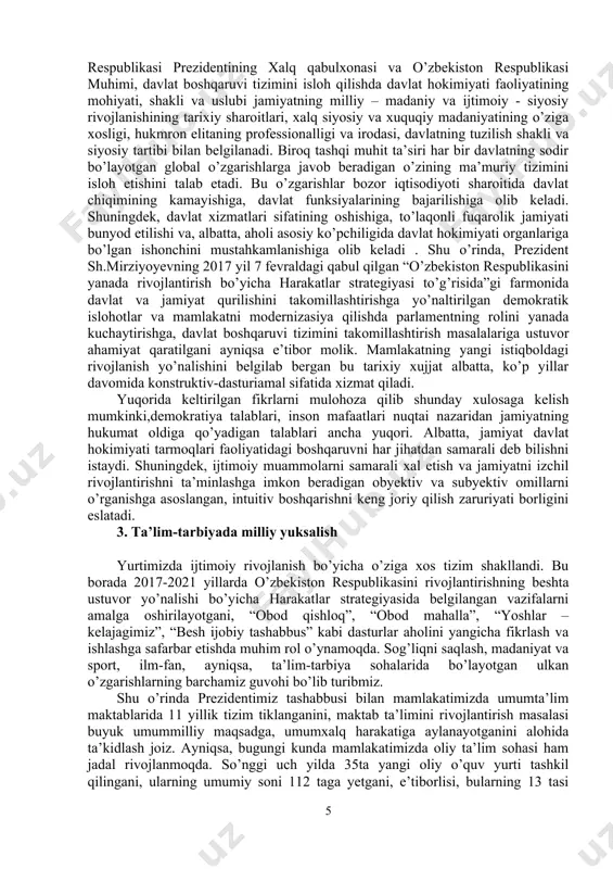 a o’zbekistonning erkin va farovon davlat bo’lishiga erishish, odamlar hayotini tubdan yaxshilash, baxtli turmushini, kafolatli tinchligini ta’minlash, har bir insonning ertangi kuniga bo’lgan ishonchini mustahkamlashdan iborat. haqiqatdan ham, fuqarolarning zamonaviy tafakkuri davlat borasida o’z tushunchasi, boshqaruv xaqida shaxsiy fikri, uning rivojlanishiga alohida yondoshuvi borligi, ijtimoiy-siyosiy jarayonga munosabati kardinal o’zgarganligi bilan xarakterlanadi. endilikda ijtimoiy xayotning barcha jabhalarini isloh qilish jarayonlari, fuqarolar ongida fundamental o’zgarishlar, jamiyatni tashkil qilishning demokratik shakllari - inson va jamiyat, fuqaro va davlat o’rtasidagi munosabatlarni soddalashtirilgan tartibi sharoitida ro’y bermoqda. ijtimoiy adolat tamoyili nuqtai nazaridan islohotlarning shu zayilda borishi xalqni, demokratik ko’pchilikni davlatni xalqchil boshqarish jarayonlaridagi faol ishitirokini ta’minlaydi. bundan davlat hokimiyati organlarining joriy vazifasi – xalqqa xizmat qilish bilan belgilangan. bu borada prezident sh. mirziyoyev shunday degan edi: “bundan keyin vazirlik va idoralar, xo’jalik birlashmalari rahbarlari va hokimlarning faoliyati natijasi ularning odamlar bilan qanday muloqot olib borayotgani va ishni tashkil etgani, fuqarolarning muammolarini qay darajada hal qilayotganiga …