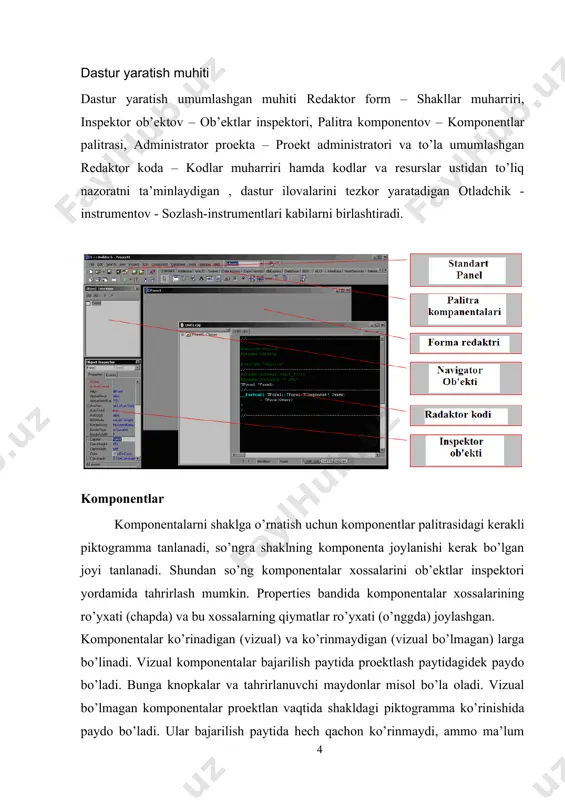 an parametrlarga ega bo’lishi mumkin. quyida xodisalarni qayta ishlovchi protseduraning shunday bo’sh karkasi ko’rsatilgan: void __fastcall tform1::button2click(tobject *sender) { } turlar va c++ da o’zgaruvchilarni tavsiflash har bir nom va har bir o’zgaruvchi ular ustida bajariluvchi amallar aniqlovchi turlarga ega bo’ladi. masalan, int i; tavsiflash i o’zgaruvchi int turiga tegishli, ya’ni i butun o’zgaruvchi deb aniqlaydi. tavsiflash - dasturga nom kirituvchi buyruqdir. tavsiflash o’zgaruvchining turini aniqlaydi. tur nom va ifodalardan to’g’ri foydalanishni aniqlaydi. butun tur uchun quyidagi amallar aniqlangan: +, -, * va /. asosiy turlar bevosita apparat ta’minotiga javob beradigan asosiy turlar quyidagilar: char; short; int; long; float; double. birinchi to’rtta tur butun kattaliklarni, oxirgi ikkitasi suzuvchi nuqtali, ya’ni kasr sonlarni tasvirlash uchun ishlatiladi. char turidagi o’zgaruvchi mazkur kompyuterda belgilarni (odatda bayt) saqlash o’lchoviga ega, int turidagi o’zgaruvchi esa mazkur kompyuterdagi butun arifmetikaga mos o’lchovga ega (odatda so’z). turlar bilan tasvirlangan butun sonlar diapazoni uning o’lchoviga bog’liq bo’ladi (uni …