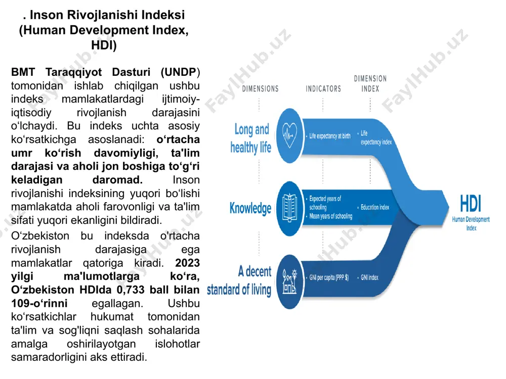 quqlar va fuqarolik erkinliklarini o‘lchaydi. o‘zbekiston bu indeksda "erkin bo‘lmagan davlat" sifatida tasniflanadi, bu esa inson huquqlari va demokratiya bo‘yicha islohotlarni amalga oshirish zarurligini ko‘rsatadi. global innovatsiyalar indeksi (global innovation index) bmt jahon intellektual mulk tashkiloti (wipo) tomonidan ishlab chiqilgan ushbu indeks innovatsion faoliyatni o‘lchaydi. o‘zbekistonning 2023 yilgi ma'lumotlariga ko‘ra, bu indeksda 93-o‘rinni egallagan, bu esa innovatsion salohiyatni kuchaytirish zarurligini bildiradi. dunyo baxt indeksi (world happiness report) bmt tomonidan ishlab chiqilgan ushbu indeks mamlakatlardagi baxt va farovonlik darajasini baholash uchun foydalaniladi. u iqtisodiy farovonlik, sog'liq, ta'lim va hayot sifati kabi ko‘rsatkichlarga asoslanadi. 2023 yilgi ma'lumotlarga ko‘ra, o‘zbekiston bu indeksda 62-o‘rinni egallagan. ekologik ishlash indeksi (environmental performance index, epi) yel universiteti tomonidan ishlab chiqilgan ushbu indeks mamlakatlarning ekologik barqarorlikni ta'minlash darajasini baholash uchun qo'llaniladi. o‘zbekistonning 2022 yilgi ma'lumotlariga ko‘ra, bu indeksda 99-o‘rinni egallagan, bu esa atrof-muhitni muhofaza qilish borasida o‘zgarishlarni aks ettiradi. barqaror rivojlanish maqsadlari indeksi (sustainable development goals index) bmt …