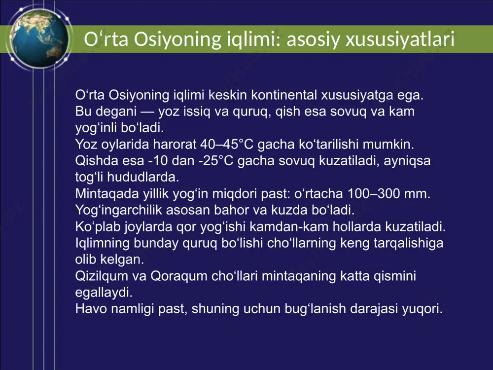ik hudud. mintaqaning asosiy xususiyati — quruq va kontinental iqlim. suv resurslari cheklangan bo‘lib, ularga katta talab mavjud. asosiy daryolar — amudaryo va sirdaryo hayot manbai hisoblanadi. iqlim va suv resurslari mintaqa taraqqiyotiga bevosita ta’sir ko‘rsatadi. suvdan oqilona foydalanish — dehqonchilik va sanoat uchun muhim. aholining o‘sishi bilan birga, suvga bo‘lgan ehtiyoj ham oshmoqda. orol dengizi fojiasi butun dunyoga saboq bo‘lishi kerak. mintaqadagi davlatlar suv resurslaridan adolatli foydalanishni muhokama qilmoqda. ekologik muammolarni bartaraf etish uchun ko‘p tomonlama hamkorlik zarur. har bir kishi suvni tejash, ifloslanmaslik va toza tabiatni saqlashga hissa qo‘shishi kerak. iqlim o‘zgarishi — global muammo bo‘lib, mintaqaga ham ta’sir qilmoqda. texnologik yangiliklar, zamonaviy sug‘orish usullari suvni tejash imkonini beradi. ta’lim va targ‘ibot orqali ekologik madaniyatni oshirish muhim. davlat siyosati ekologik xavfsizlikni ta’minlashga yo‘naltirilishi zarur. tabiiy resurslarni muhofaza qilish — kelajak avlodlar uchun ham majburiyatdir. o‘rta osiyoda iqlim va suv masalasi strategik darajada hal qilinishi kerak. tabiatga nisbatan ehtiyotkorlik …