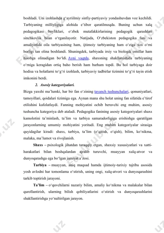 k pedagogik xatolikka olib keldi. buning natijasida tarbiya maqsadsiz bo‘lib qoldi, tarbiyalanuvchilarga alohida shaxssifatida emas, istalgan ijtimoiy yo‘nalishga solinishi mumkin bo‘lgan qiyofasiz to‘da, olomon tarzida qarash qaror topdi, bu holtarbiyaning samarasizligiga olib keldi. chunki tarbiyaning asosiy ob’ekti bo‘lmish shaxs va uning o‘ziga xoslik jihatlari unutilgan edi. sho‘ro pedagogik tizimidagi kamchiliklarning ildizi, asosan, manashu yondashuv tarziga borib taqaladi. o‘zbekiston mustaqillikka erishgach, tarbiya va unga bog‘liq jarayonlarga yangi hamda sog‘lom pedagogik tafakkurga tayangan holda yondashuv qaror topa boshladi. uni izohlashda g‘ayriilmiy sinfiy-partiyaviy yondashuvdan voz kechildi. tarbiyaning milliyligiga alohida e’tibor qaratilmoqda. buning uchun xalq pedagogikasi boyliklari, o‘zbek mutafakkirlarining pedagogik qarashlari sinchkovlik bilan o‘rganilayotir. natijada, o‘zbekiston pedagogika fani va amaliyotida oila tarbiyasining ham, ijtimoiy tarbiyaning ham o‘ziga xos o‘rni borligi tan olina boshlandi. shuningdek, tarbiyada irsiy va biologik omillar ham hisobga olinadigan bo‘ldi. ayni vaqtda, shaxsning shakllanishida tarbiyaning o‘rniga keragidan ortiq baho berish ham barham topdi. bu hol tarbiyaga doir hodisa va holatlarni to‘g‘ri …