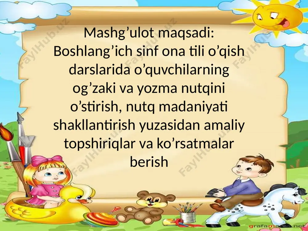 iga mos bo’lgan bilim berishni, ularning lug’at boyligini oshirishni, boshqalarning nutqiga e’tibor va qiziqishni o’stirish, kitob o’qishga muxabbat uyg’otishni ko’zda tutadi. og’zaki nutqa o‘rgatishning ilk davrida daktilologiya qo‘l alifbosidan foydalaniladi. daktilologiya yunoncha δάκτυλος — barmoq+ yunon λόγος — urganish degan ma’noni anglatadi. bu narsa bolalarning tovushlarni talaffuz qilib, o‘zlashtirib borganlari sar faqat yordamchi vosita bo‘lib xizmat qiladi. boshlang‘ich sinf ona tili darslarida olib borildigan barcha mashg‘ulotlarnijng yetakchi o‘rni nutq o‘stirish bo‘lib, u savod o‘rgatish, chiroyli yozish ko‘nikmalarini shakllantirish va fikrlash doirasinji kengaytirish vazifalarini o‘z ichiga oladi. bu darslarda ko‘proq amaliy maqsadlarni ko‘zlash, til boyliklaridan nutqda foydalanish malakalarini shakllantirish, ijodiy fikrlash, o‘quvchilarning til sezgirligini tarbiyalash lozim. ularning og‘zaki nutqini muntazam o‘stirib borish bog‘lanishli nutq, matn tuzishlarda amaliy yordam beradi ma’lumki, nutq tafakkur bilan bog‘liq, shuning uchun xam u tafakkur bilan uzviy bog‘liq xolda o‘stiriladi. darsda o‘qilgan asarni o‘quvchilar ongli tushunishi, asosiy mazmuni9ni g‘oyasini anglab yetishi uchun analiz, sintez, taqqoslash, umumlashtirish kabi …