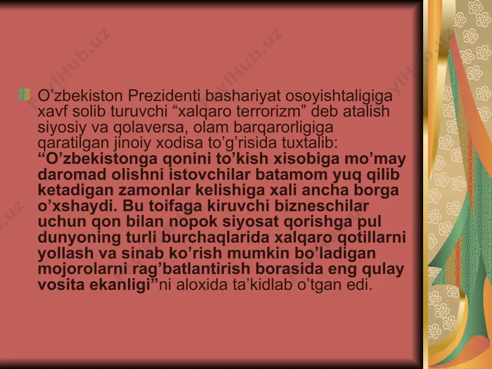 qaro muammolarni xal etish borasidagi tashabbuslari jaxondagi katta siyosatchilar tomonidan qo’llab quvvatlandi. o’zbekiston 1992 yil 2 martda bmtga a’zo bo’ldi. mamlakatimiz prezidenti i. karimov bmt bosh assambleyasi 48 va 50-sessiyalarida so’zlagan nutqlari jaxon xalqi ommasining e’tiborini qozondi,. mamlakatimiz obru-e’tiborini oshirdi. o’zbekistonning mintaqaviy mojorolarni tinch yo’l bilan xal qilish, afgonistondagi urushga barxam berish, markaziy osiyoni yadro qurolidan xali xudud deb e’lon qilish kabi tashabbuslari xalqaro jamoatchiliq tomonidan to’la qo’llab-quvvatlandi. ayniksa, afgonistondagi mojaroni tinch yo’l bilan xal etishga kumaklashish maqsadida tuzulgan 6+2 guruxi, bu guruxning toshkentda bo’lib o’tgan uchrashuvi va unda qabul qilingan dekloratsiya katta e’tiborga molik bo’ldi. mazkur dekloratsiya bmt tomonidan rasmiy xujjat sifatida tarqatildi va bu nufuzli xalqaro tashkilotning bir qator rezolyutsiyalariga asos bo’ldi. o’zbekiston bir qator xalqaro tashkilotlarga a’zo bulb, yevropada xavfsizlik va xamkorlik tashkiloti (exxt) iqtisodiy xamkorlik tashkiloti (eko) bilan esa teng huquqli a’zo sifatida, yevropa ittifoki, nato bilan esa maxsus bitimlar asosida samarali xamkorlik qilib kelmoqda. jumladan, …