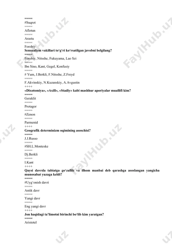 stotel ==== platon ==== a.bergson ==== b.spinoza ++++ rivojlanish sababi haqidagi masala qaysi tamoyilda ifodalanadi. ==== inkor – inkor qonuni ==== sifat va miqdor о‘zgarishlarning bir – biriga о‘tish qonuni ==== qarama – qarshiliklar birligi va kо‘rish qonuni ==== #determinizm prinsipi ++++ organik hayotda harakatning qaysi shakli uchraydi? ==== fizik shaklida ==== ximik shaklida ==== #biologik shaklida ==== ijtimoiy shaklida ++++ issiqlik, yorug‘lik, elektromagnitizm harakatning qaysi shakliga mansub? ==== mexanik ==== ximik ==== ijtimoiy ==== #fizik ++++ borliqdagi tarkibiy bog‘lanishlarni ifodalovchi kategoriyalar juftligini aniqlang. ==== analiz, sintez, taqqoslash, mavhumlashtirish, umumlashtirish ==== #butun va bo‘lak, sistema va element, xususiylik va umumiylik, hodisa va mohiyat, shakl va mazmun ==== sabab va oqibat, tasodif va zaruriyat, imkoniyat va voqelik metafizika, dialektika, sinergetika, fenomenologiya, verifi-katsiya va boshqalar ++++ «taraqqiyot» tushunchasiga berilgan to‘g‘ri ta’rifni aniqlang. ==== murakkab sistemalarning uzoq muddat davomidagi barqarorligi jarayoni ==== #murakkab sistemalarning uzoq muddat davomidagi izchil va sifatiy o‘zgarishi jarayoni ==== …