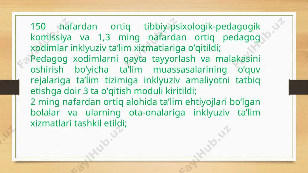a’limni rivojlantirish konsepsiyani amalga oshirishdan kutilayotgan natijalar konsepsiya doirasida belgilangan vazifalarni bajarish orqali 2020 — 2025-yillarda xalq ta’limi tizimida inklyuziv ta’limni rivojlantirishda quyidagi ko‘rsatkichlarga erishish nazarda tutiladi: - alohida ta’lim ehtiyojlari bo‘lgan shaxslarning rivojlanishi, reabilitatsiyasi, jamiyatga integratsiyalashuvida inklyuziv ta’limning strategik omil sifatidagi roli tasdiqlanadi; alohida ta’lim ehtiyojlari bo‘lgan bolalarning ta’limiy muhiti yaxlitligi mustahkamlanadi, ularning jamiyatga integratsiyasi uchun zarur sharoitlar ta’minlanadi; - davlat, jamiyat, shaxsning inklyuziv ta’lim sohasidagi manfaatlarini muvofiqlashtirish mexanizmlari yaratiladi; - inklyuziv ta’lim tizimining umumiy qulayligi, uzluksizligi, ta’lim sifati, shuningdek o‘quvchilarning rivojlanish darajasi, xususiyatlariga moslashuvchanligi va variativligiga erishiladi; - inklyuziv ta’lim sohasidagi xalqaro munosabatlar doirasida o‘zaro hamkorlik aloqalari mustahkamlanadi; - o‘quvchilar ta’limiy ehtiyojlarning o‘ziga xosligini inobatga olgan holda sifatli ta’lim olishi uchun ular davlat tomonidan qo‘llab-quvvatlanadi; - inklyuziv ta’limni bosqichma-bosqich joriy etish orqali alohida ta’lim ehtiyojlari bo‘lgan bolalar uchun ixtisoslashtirilgan ta’lim muassasalari optimallashtiriladi, ularda ta’lim olayotgan o‘quvchilarning teng huquqli jamiyat a’zosi sifatida umumta’lim muassasalarida bilim olishi ta’minlanadi; - pedagogik …