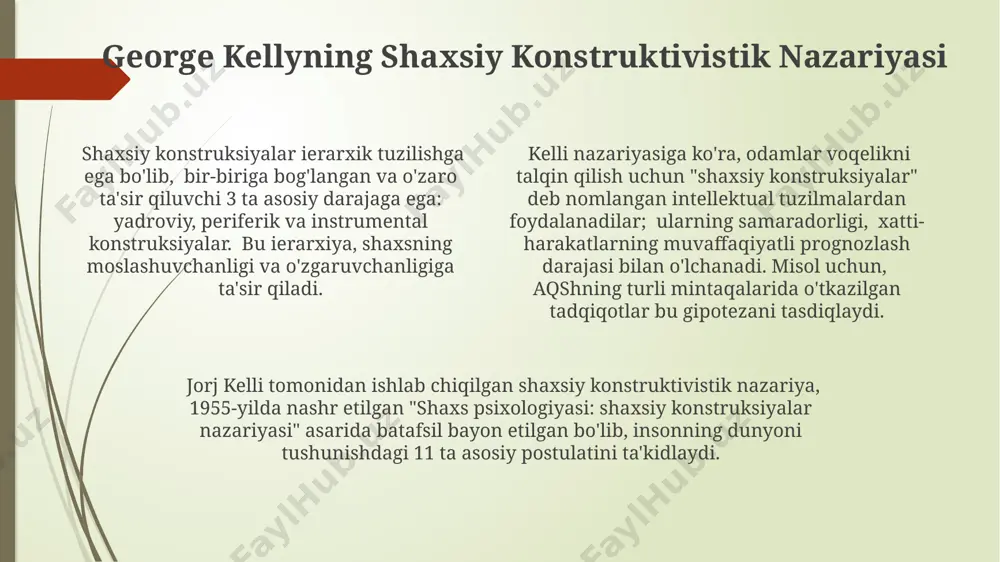 h, takrorlash va motivatsiya) orqali shaxsning xatti-harakatlariga ta'sirini tushuntirib beradi va bu jarayonlarning samaradorligi 20 dan ortiq omillarga bog'liq ekanligini ko'rsatadi. banduraning ijtimoiy kognitiv nazariyasi, 1960-yillarda aqshda paydo boʻlib, inson xatti-harakatlarini tushuntirishda atrof-muhitning, shaxsning kognitiv jarayonlarining va xulq-atvorning oʻzaro taʼsirini ta'kidlaydi. bandura o'zining bobo qo'g'irchoq tajribasi orqali, 3 yoshdan 6 yoshgacha bo'lgan bolalarda tajovuzkorlikning modellashtirish orqali o'rganilishini kaliforniya shtatida o'tkazgan tadqiqotlarida namoyish etdi. julian rotterning lokus nazorati nazariyasi nazariya ichki (internal) va tashqi (external) lokus nazorati kabi ikkita asosiy o'lchovni aniqlaydi va 0 dan 1 gacha bo'lgan shkala orqali baholanadi. tadqiqotlar shuni ko'rsatadiki, yuqori darajadagi ichki lokus nazoratiga ega shaxslar, masalan, o'zbekiston kabi mamlakatlarda ham, o'z hayotlarini yanada samarali boshqaradilar. rotterning lokus nazorati nazariyasi 1954-yilda aqshda paydo bo'lib, insonning muvaffaqiyat yoki muvaffaqiyatsizliklarini o'z harakatlariga bog'lash darajasini o'rganadi. kognitiv shaxs nazariyalari ta'rifi kognitiv shaxs nazariyalarida, masalan, aaron beckning kognitiv terapiyasi singari, 5tadan ortiq kognitiv buzilishlarni aniqlash va davolashda, muayyan fikrlash uslublari …