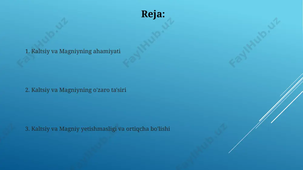 i xavfini kamaytiradi. magniy 300 dan ortiq biokimyoviy jarayonlarda ishtirok etadi, jumladan, energiya ishlab chiqarish, mushaklarning qisqarishi va asab tizimining funksiyasi. magniy etishmasligi, masalan, qo'shma shtatlarda keng tarqalgan va charchoq, bosh og'rig'i va uyqusizlikka olib kelishi mumkin. kaltsiy va magniyning manbalari to'liq donli mahsulotlar, xususan, 1 stakanda 80 mg dan ortiq magniy saqlovchi, qo'shma shtatlarda yetishtiriladigan jigarrang guruch kaltsiy va magniyning muhim manbalaridir. magniyning boy manbai sifatida 100 grammida 150 mg dan ortiq magniy bo'lgan, masalan, braziliya yong'oqlari kabi tropik mevalarni qayd etish mumkin. e'tiboringiz uchun rahmat @taqdimot_robot image1.jpg image2.jpg image3.jpg image4.jpg image5.jpg