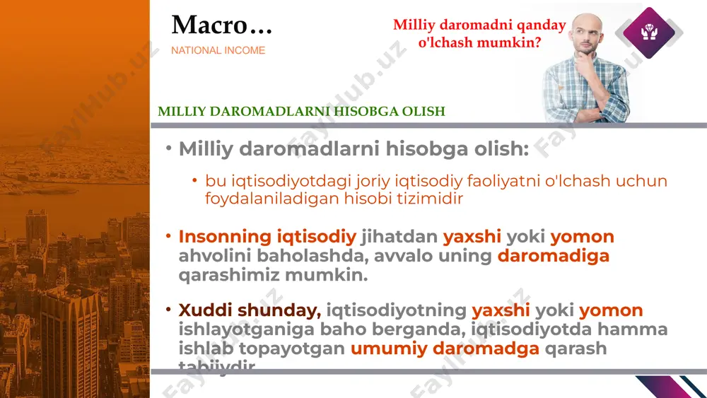 qa tovar va xizmatlarni ishlab chiqarishda ishlatilgan mahsulotlar. yakuniy tovarlar va xizmatlar ishlab chiqarish jarayonining yakuniy mahsulotidir.(hoshimov economics) ammo, mebel ishlab chiqaruvchiga sotiladigan yangi tokarli uskunasi oraliq tovarmi yoki yakuniy tovarmi? inventarlar haqida nima deyish mumkin? - sotilmagan tayyor mahsulotlar, ishlab chiqarish jarayonidagi mahsulotlar va firmalarga tegishli xom-ashyo zaxiralari. yalpi ichki mahsulot (yaim) national income macro… yamm vs yaim? yamm vs yaim: xususan, yalpi milliy mahsulot - bu joriy davrda mahalliy ishlab chiqarish omillari tomonidan yangi ishlab chiqarilgan barcha yakuniy tovar va xizmatlarning bozor qiymati, yalpi ichki mahsulot esa mamlakat ichida amalga oshirilayotgan ishlab chiqarishdir. sof faktor to`lovlari (sft) - tashqi ishlab chiqarish omillariga to'lanadigan daromadni olib tashlab, butun dunyo bo'ylab mahalliy ishlab chiqarish omillariga to'lanadigan daromad. yaim = yamm - sft yalpi ichki mahsulot (yaim) national income macro… xarajatlar usuli? yaimni o`lchashda xarajatlar usuli: xarajatlar yondashuvi yaimni ma'lum bir vaqt ichida bir mamlakat ichida ishlab chiqarilgan yakuniy tovarlar va …