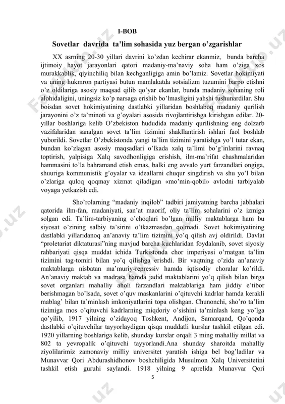 natog’ri ekanligi uning foydali va aholiga ziyon keltirgan tomonlarini o’rganild.ushbu mavzuda ko’plab disertatsiyalar va maqolalar yozilgan kurs ishi ushbu maqolalar va adabiyotlar asnosida yozildi kurs ishining predmeti va obyekti. mazkur kurs ishi nazariy asosini qadimgi davr va orta asrlarga oid tarixiy manbalar, hamda keyingi davrlarda nashrdan chiqqan adabiyotlar, maqolalar, ilmiy ishlar, mustaqillik davrida elon qilingan xolis yoritilgan tarixiy materiallar maqola va monografiyalar shu kabilarga qaratilgan. kurs ishining tuzilishi. kirish, ikki bob, xulosa, foydalanilgan manba va adabiyotlar royxati hamda ilova qismidan[footnoteref:1] iborat. [1: karimov i.a. o‘zbekistonning o‘z istiqlol va taraqqqiyot yo‘li. t, 1992y, 13 bet ] kurs ishining maqsad vazifalari.kurs ishi yozilgan mavzu o’sha davr yurtimizda ta’lim jarayonini qanday olib borilgani yurtimizdagi dastlabki oliy o’quv yurtlarining qanday faoliyat olib borganligi oliy ta’limda yoshlarga qanday imkoniyatlar yaratib berilganini mavzu davomida yoritib berishdan iborat. i-bob sovetlar davrida ta’lim sohasida yuz bergan o’zgarishlar xx asrning 20-30 yillari davrini ko’zdan kechirar ekanmiz, bunda barcha ijtimoiy …