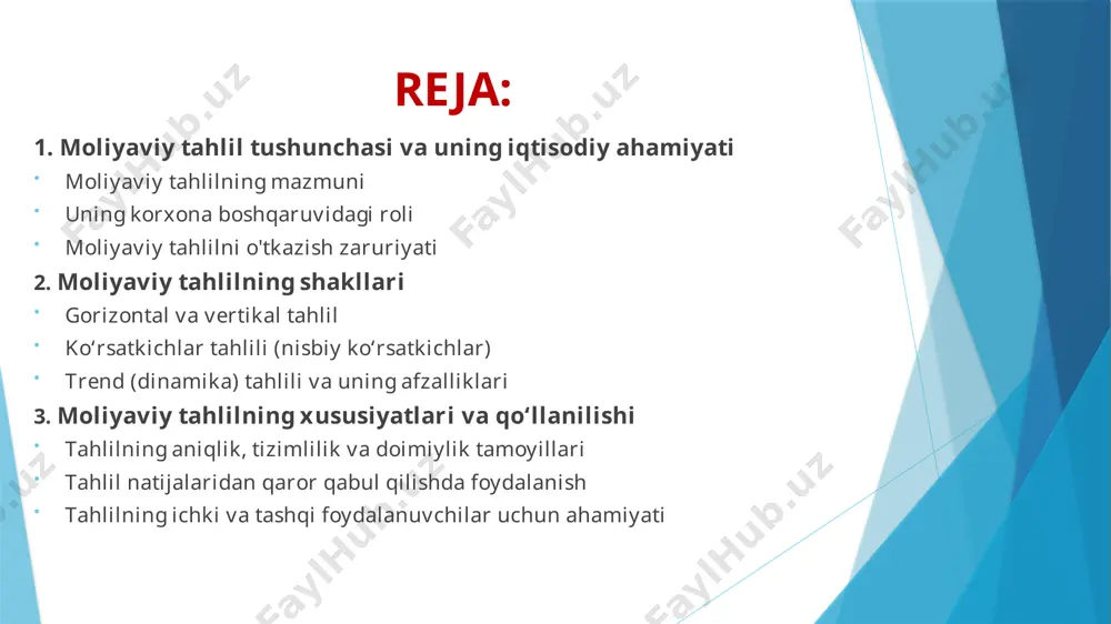 rini qabul qilish asosini yaratadi – moliyaviy tahlil natijalari asosida rahbariyat investitsiya kiritish, qarz olish yoki uni qaytarish, dividend to‘lash kabi muhim qarorlarni qabul qiladi. resurslardan samarali foydalanishni ta'minlaydi – tahlil orqali korxonaning foyda keltirmayotgan yo‘nalishlari aniqlanadi va resurslar samarali sohalarga yo‘naltiriladi. moliyaviy xavflarni aniqlaydi va ularni boshqaradi – risklarni oldindan aniqlab, ularning oldini olish choralarini ko‘rish imkoniyatini beradi. nazorat va monitoring vositasi bo‘lib xizmat qiladi – tahlil orqali reja va amaldagi natijalar solishtiriladi, kamchiliklar aniqlanib, ularni bartaraf etish yo‘llari ishlab chiqiladi. investorlarga va kreditorlarga ishonch bag‘ishlaydi – tahlil qilingan moliyaviy hisobotlar tashqi foydalanuvchilar uchun ishonchli manba bo‘lib, ular bilan hamkorlikda muhim rol o‘ynaydi. moliyaviy tahlilni o‘tkazish zaruriyati moliyaviy tahlilni o‘tkazish korxona faoliyatini chuqur tushunish, moliyaviy holatni baholash va kelajakdagi harakatlarni rejalashtirishda juda muhim ahamiyatga ega. zamonaviy iqtisodiy sharoitlarda raqobatbardosh bo‘lish va moliyaviy barqarorlikni ta’minlash uchun korxonalar doimiy ravishda moliyaviy tahlil o‘tkazishlari zarur. asosiy zaruriyat sabablari: korxonaning haqiqiy moliyaviy holatini …
