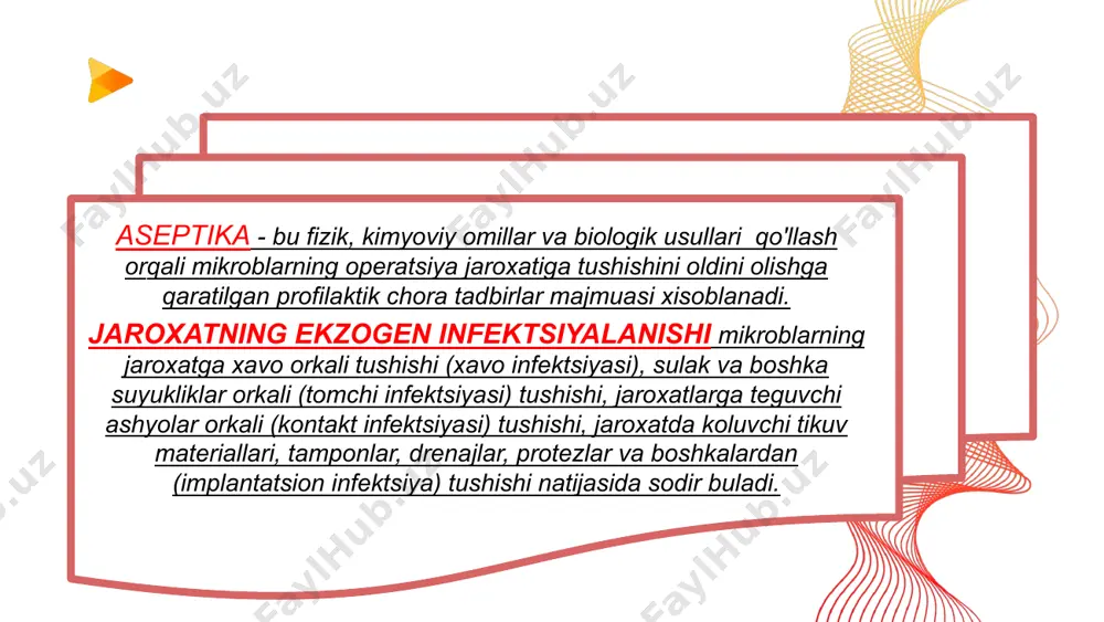 cha gorizontal yuzalar (pol, stollar, oynalar oldlari xul mato bilan tun davomida utirgan changdan tozalash uchun artib chikiladi. xavoni dezinfektsiya kilish maksadida bakteritsid ultrabinafshali chiroklar yokiladi; 2) davomiy tozalash - operatsiya operatsiya davrida utkaziladi. kichik tibbiy xodim tusatdan polga tushib ketgan salfetkalar, sharklami terib oladi, polga okkan kon boshka suyukliklami artadi; 3) oralik tozalash-operatsiyalar orasida utkaziladi. operatsiya davomida foydalanilgan barcha materiallar operatsiya onasidan olib chikiladi, pol esa xul mato bilan artiladi. 4) yakuniy tozalash - operatsiya kunining oxirida utkaziladi. operatsiya xonasidagi barcha jixozlar va poliga sovunli eritma bilan ishlov beriladi. agarda utkazigan operatsiya yiringli jarayon bilan boglik bulgan bulsa sulemaning 1:1000 nisbatii eritmasi ishlatiladi. shundan keyin xonalami shamollatish uchun oynalar 2-3 soatga ochib kuyiladi; 5) mukammal tozalash - rejali ravishda xaftasiga bir marta operatsiya kilinmaydigan kuni utkaziladi. bunda xonaning shitti, devorlari, pol, oynalar ilik sovunli suv bilan yuviladi. shu bilan bir- operatsiya xonasidagi barcha jixozlar xam artiladi.xuddi usuldagi tozalash boglovxonalar …