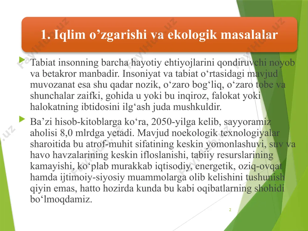 a tabiat va jamiyat o‘rtasidagi munosabatlarni muvozanatga keltirish asosiy vazifalardan hisoblanadi. tabiat, inson va jamiyat o‘rtasidagi o‘zaro aloqadorlik muammosi abadiy muammolardan biridir. tabiat jamiyatning yashash muhiti, uning moddiy va ma’naviy ehtiyojlarini qondirish manbayi hisoblanadi ekologiya va boshqalar inshootlar tog‘ jinslari odamlar hayvonot olami o’simliklar dunyosi suv tuproq 5 ekologiya o’rganadigan va bu jarayonni boshqarishda yo’naltirilgan faoliyat sohasidir 6 ekologiya tushunchasini fanga birinchi bo‘lib, 1866-yilda nemis biologi ernest gekkel “organizmlarning umumiy morfologiyasi” asarida kiritgan. 7 ekologiya (yunoncha oykos – yashash muhiti, turar joyi va logos – ta’limot) – tirik mavjudotlarning yashash shart-sharoitlari va organizmlar bilan tashqi muhit o‘rtasidagi o‘zaro munosabatlarni o‘rganadigan fan. 8 ekologiya biologiya fanining asosiy, an’anaviy qismi sifatida istalgan tirik organizm (odam) bilan muhit o‘rtasidagi o‘zaro munosabatlarning umumiy qonuniyatlarini o‘rganadigan umumiy ekologiya hisoblanadi. populyatsiyalar, turlar, biotsenozlar, biogeotsenozlar va biosfera kabi tushunchalar ekologiya fanining manbayi hisoblanadi. ekologiya quyidagi asosiy bo‘limlarga bo‘lib o‘rganiladi sinekologiya autekologiya populyatsiyalar ekologiyasi 9 biosfera. 10 populyatsiyalar …