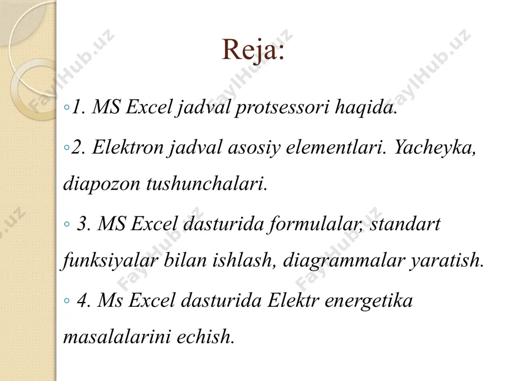 hlarini bajarish ma’lumotni saralash jadvalni chop etish ustun va satrlardagi ma’lumotlarni o’chirish diagrammalar hosil qilish natijaviy hisobotlarni chop etish excel menyusi bilan ishlash exceldan chiqish. qayd etilgan ishlar ko’lami excelning asosiy imkoniyatlarini belgilaydi.excel electron jadvali 16384 ta qator va 256 ustundan iborat.qatorlar 1da 16384 gacha raqamlangan ,ustunlar esa lotin alifbosining bosh harflari (a,b,….,aa,ab,…..iv) bilan belgilangan.qator va ustunlar kesishmasida elektron jadvalning tarkibiy asosiy elementi-yacheyka joylashgan. har bir yacheykaga son ,matn yoki formula tarzidagi ma’lumotlar kiritiladi.ustun kengligini va qator balandligini o’zgartirish ham mumkin. microsoft excel elementlari va funktsiyalari asboblar paneli tanlovlar ishchi varaq hujayralar ustunlar qatorlar formulalar paneli yaproq yorlig'i ism qutisi kitob ko'rinishlari eksport parametrlari adabiyotlar microsoft excelning ekran elementlari excelni nima uchun o’rganish muhim? elektron jadvalning tanlangan yacheykasiga o’tish uchun aniq manzil ko’rsatilishi shart. zamonaviy kompyuterlarning dasturiy ta’minotining tarkibiy qismiga kiruvchi microsoft office paketidagi asosiy vositalardan biri jadval protsessori deb ataluvchi excel dastiridir.excel windows operatsion qobiq boshqaruvida electron jadvallarni tayyorlash …