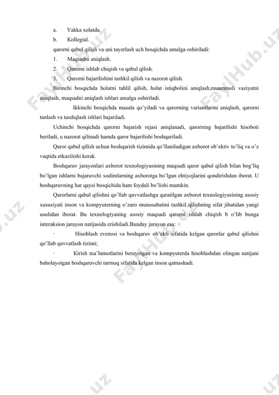 htiyojlarini qondirishdan iborat. u boshqaruvning har qaysi bosqichida ham foydali bo’lishi mumkin. qarorlarni qabul qilishni qo’llab quvvatlashga qaratilgan axborot texnologiyasining asosiy xususiyati inson va kompyuterning o’zaro munosabatini tashkil qilishning sifat jihatidan yangi usulidan iborat. bu texnologiyaning asosiy maqsadi qarorni ishlab chiqish b o’lib bunga interaksion jarayon natijasida erishiladi.bunday jarayon esa: · hisoblash zvenosi va boshqaruv ob’ekti sifatida kelgan qarorlar qabul qilishni qo’llab quvvatlash tizimi; · кirish ma’lumotlarini berayotgan va kompyuterda hisoblashdan olingan natijani baholayotgan boshqaruvchi tarmoq sifatida kelgan inson qatnashadi. foydalanilgan adabiyotlar: 1. s.s.g’ulomov va boshqalar. axborot tizimlari va texnologiyalari. toshkent ,2000 y 2. кenjaboev o. zamonaviy axborot texnologiyalari. t. 1999 y. 3. шафрин ю. основ компьютерное информационное технологии. m., 1999 г. 4. норалиев н.х. ва бош=. информатика. ы=ув =ылланма тошкент 2004 й. 5. автоматизированное информационное технологии в экономике: учебник. под.ред. проф. г.а.титоренко. m :компьютер, 1998 г 6. raxmonqulova s. ibm pc kompyuterlaridan foydalanish. toshkent 2000 y 7. информатика. базовой …