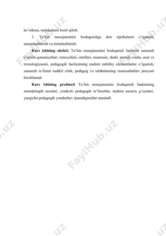 blanadi. kurs ishining predmeti ta’lim menejmentini boshqarish fanlarining metodologik asoslari, yetakchi pedagogik ta’limotlar, muhim nazariy g‘oyalari, yangicha pedagogik yondashuv (paradigma)lar sanaladi. i bob o’qitish metodlarining tasnifi. o’qitish jarayonida qo’llaniladigan metodlarga qo’yiladigan talablar. metodlarning turlari 1.1 o’qitish metodlarining tasnifi pedagogi-psixologik fanida o’qituvchilarning amaliy tajribasini o’rganish va umumlashtirish asoida ta’lim metodlarini tanlashga o’quv-tarbiya jarayoni kechayotgan shart-sharoitlar va aniq holatlarga bog’liq muayyan yondashuvlar vujudga keladi. ta’lim metodlari tizimida og’zaki bayon qilish metodlari muhim o’rin tutadi. og’zaki mashqlardan ta’lim jarayonida keng foydalaniladi. ular o’quvchilarning umumiy madaniyati, mantiqiy fikrlashi hamda bilish qobiliyatini rivojlantirish bilan bog’liqdir. shuningdek, og’zaki mashqlarning nutq boyligini oshirish va xorijiy tillarni o’rganishdagi ahamiyati beqiyos. hikoya– o’qituvchi tomonidan mavzuga oid dalil, hodisa va voqealarning yaxlit yoki qismlarga bo’lib, tasviriy vositalar yordamida obrazli tasvirlash yo’li bilan ixcham, qisqa va izchil bayon qilinishi. metodning samarasi ko’p jihatdan o’qituvchining nuqt mahorati, so’zlarni o’z o’rnida, ifodali bayon qilishi, shuningdek, o’quvchilarning yoshi, rivojlanish darajasini inobatga olgan holda yondashuviga …