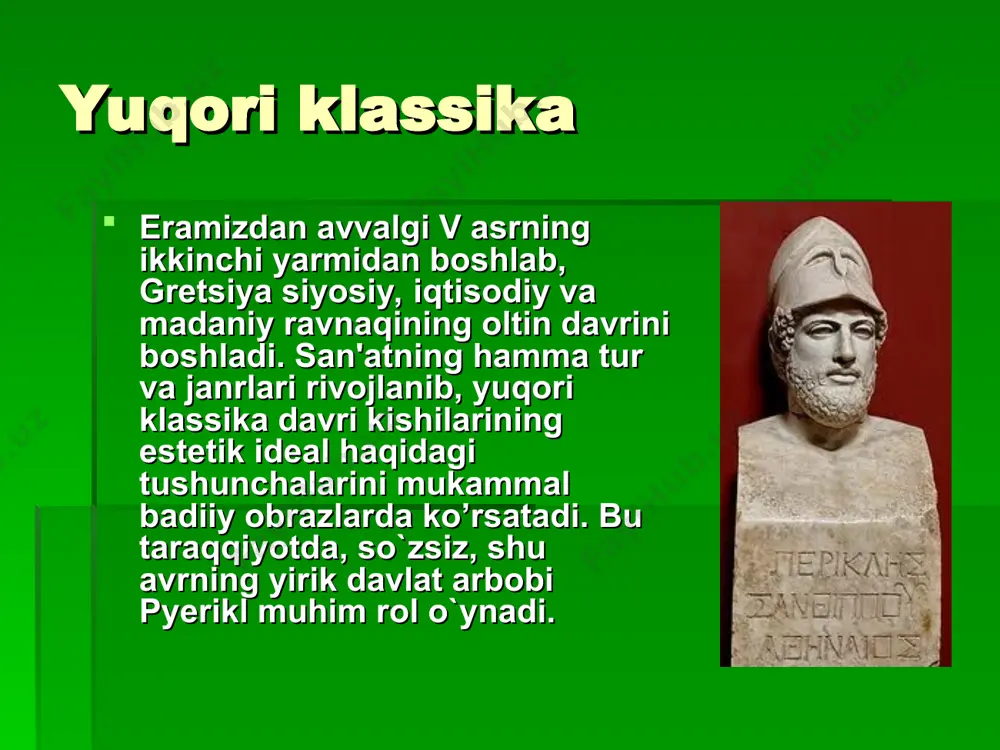 a odam qomati va yo`z tuzilishini to’g’ri tasvirlabgina qolmasdan, o`z asarlarida murakkab harakatlarni ham ifodalashga, kompozitsiya yichimining hayotiy bo`lishiga alohida e'tibor bеra boshladilar. shunday masala bilan shug’ullangan yirik haykaltaroshlardan biri miron hisoblanadi, uning mashxur asarlaridan biri "diskobal" (disk otuvchi) haykalida jismoniy go`zal, ma'naviy kuchli idеal inson obrazi yaratiladi. so’nggi klassika davri haykaltaroshliph rеalistik tеndеntsiyaning kuchayishi bilan xarakterlanadi. haykaltaroshlar o`z qobiliyati, dunyoqarashi, imkoniyatlaridan kеlib chiqib, inson ma'naviy olamining turli kurralarini yorita boshlaydilar. bu xususiyat so’nggi klassikaning buyuk haykaltaroshlari skopos, praksitеl, lisipp ijodida sеzilarli edi. ma'naviy ichki dunyosi davr ziddiyatlari, san'atda sodir bo’layotgan o`zgarishlar so’nggi klassika davrining yirik haykataroshi skopos ijodida o`z ifodasini topdi. u yuqori klassika an'analarini davom ettirib, monumеntal, qahramomlik ruhi bilan sug’orilgan haykaltaroshlik kompozitsiyalarini ishladi, lеkin asarlarida yuqori klassikaga xos xotirjamlik, ulug’vorliq vazminlik emas, balki serg’ayrat, kuch-quvvatga to’lib-toshgan kishilarning ko’rinishi, ma'naviy ichki dunyosi ochib ko`rsatiladi. skopasning mashhur asarlaridan biri "mеnada" (vakanka, dionisning umr yuldoshi) haykalidir. unda raqs dunyosiga chumgan, …