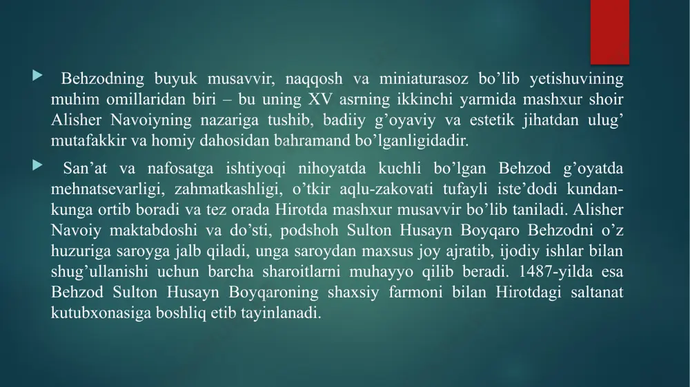 qsi darvish. (darvishlar raqsi). 16. samarqandda madrasalar qurilishi shayboniyxon portreti. bulardan tashqari hozir jahonning turli qit'alaridagi muzey va ayrim kishilarning shaxsiy kolleksiyalarida saqlanayotgan kamoliddin behzod qalamiga mansub «oriflar zikri», «bir kampir va yigit», «bahrom go'r ovda», «sulton husayn saroyida ziyofat» asarlari va shoir abdurahmon jomiylar portret-tasvirlari realistik uslubdagi shoh asarlar tariqasida allaqachon umumjahon madaniy mulkiga aylanib ulgurgan. abdurahmon jomiy portreti. k.behzodning ‘darvesh’ portreti 1500 yilda yaratilgan. behzod qadimgi estetika uchun begona – aniq ‘hissiy ko’rinish’ dan voz kechgan. u o’zining obrazlarida tasvirlangan ruhiy holatlarni va ichki xususiyatlarni yetkazishga harakat qiladi. asarning o’ziga xos jihati uni talqin qilishdagi umumiy tarkibiy qism xv-xvi asrlardagi yevrjpa badiiy an’analari bilan rasmiy emas, balki tarkibiy-semantik aloqasi mavjudligini anglatadi. k.behzod. darvesh portreti. 1480-1485. k.behzod, “raqsga tushayotgan qiz” k.behzod. “a.navoiy” va “husayn boyqaro” portretlari. xulosa demak, kamoliddin behzod uzoq va sermahsul hayot yo’lini bosib o’tdi. husayn boyqaro, shayboniyxon, shoh ismoiy safaviy, shox tahmasb safaviylar hukmronlik qilgan turli-tuman, …