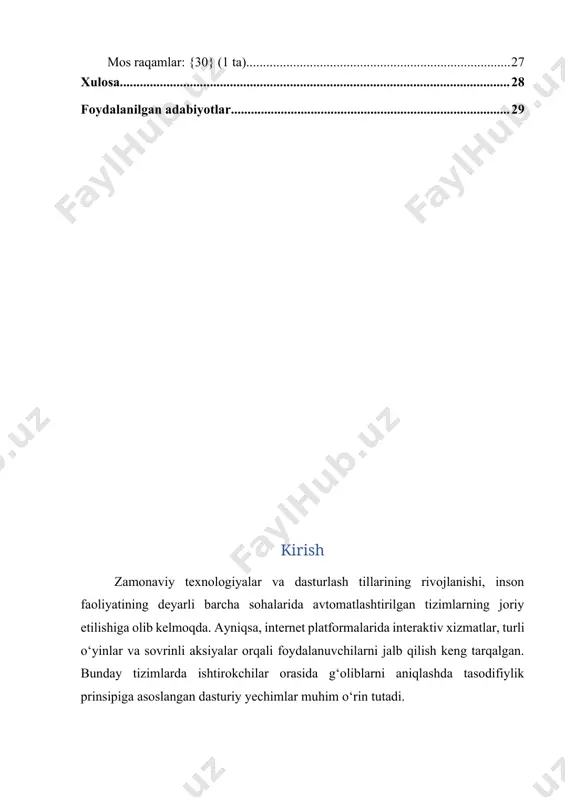yotdagi muammolarni algoritmik yondashuvlar orqali hal qilishni o‘rganish uchun ham dolzarb hisoblanadi. lotareya dasturlari hayotda keng qo‘llaniladi — masalan, aksiyalar, sovrinli o‘yinlar, foydalanuvchilar orasida g‘oliblarni aniqlash kabi jarayonlarda adolatli va shaffof tanlovlarni amalga oshirish uchun foydalaniladi. ushbu tizimda tasodifiylik printsipining to‘g‘ri ishlashi juda muhim bo‘lib, bu random kutubxonasining imkoniyatlarini chuqur o‘rganishni taqozo etadi. shuningdek, ushbu mavzu orqali talabalar: python dasturlash tilidagi random kutubxonasining funksiyalarini (randint, choice, shuffle va boshqalar) amaliyotda qo‘llashni o‘rganadi; algoritmlarni loyihalash va sinash ko‘nikmalarini rivojlantiradi; oddiy grafik interfeyslar yordamida foydalanuvchi bilan o‘zaro ishlashni amalga oshirishi mumkin; adolatli va xavfsiz tanlov tizimlarini yaratish tamoyillarini tushunib oladi. mavzuning vazifasi. kurs ishining asosiy vazifalari quyidagilardan iborat: 1.random kutubxonasi haqida umumiy tushuncha hosil qilish: ushbu kurs ishining maqsadi — python dasturlash tilida random kutubxonasi yordamida sodda va adolatli ishlovchi lotareya dasturini ishlab chiqishdan iborat. dastur orqali foydalanuvchilar ro‘yxatidan tasodifiy g‘olib(lar) aniqlanadi va bu jarayon butunlay avtomatlashtirilgan holda amalga oshiriladi. shunday yondashuv …