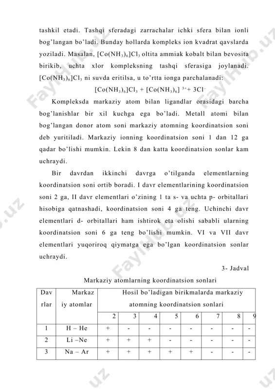 o’lgan koordinatsion sonlar uchraydi. 3- jadval markaziy atomlarning koordinatsion sonlari davrlar markaziy atomlar hosil bo’ladigan birikmalarda markaziy atomning koordinatsion sonlari 2 3 4 5 6 7 8 9 1 h – he + - - - - - - - 2 li –ne + + + - - - - - 3 na – ar + + + + + - - - 4 k – kr + + + + + + + - 5 rb – xe + + + + + + + + 6 cs – rn + + + + + + + + 7 fr – ku + + + + + + + + bir valеntli elеmеntlarning koordinatsion soni ko’pincha 2 ga tеng bo’ladi, gеomеtrik tuzilishi esa to’g’ri chiziqli bo’ladi: masalan: [ag (nh3)2]cl; k[ag (cn)2]. ikki valеntli elеktronlarning koordinatsion soni ko’pincha to’rtga va oltiga tеng bo’ladi, gеomеtrik tuzilishi esa kvadrat yoki tеtraedr bo’lishi …