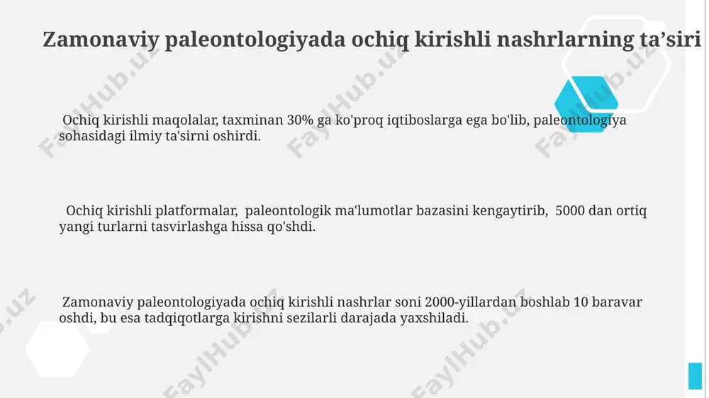 tologiya sohasida yangi gipotezalarni shakllantirish va mavjud nazariyalarni takomillashtirishda muhim rol o'ynaydi, o'rtacha bitta maqolaga 3-5 ta sharh beriladi. ochiq kirishli jurnallar paleontologik tadqiqotlar natijalarini kengroq auditoriyaga, shu jumladan 5000 dan ortiq tadqiqotchilarga, yetkazish imkoniyatini yaratdi. paleontologik maqolalarni nashr etishning tezligi va hajmi so'nggi 100 yilda 10 baravar oshgan, bu yangi kashfiyotlarni tezroq tarqatish va muhokama qilish imkonini beradi. e'tiboringiz uchun rahmat @taqdimot_robot