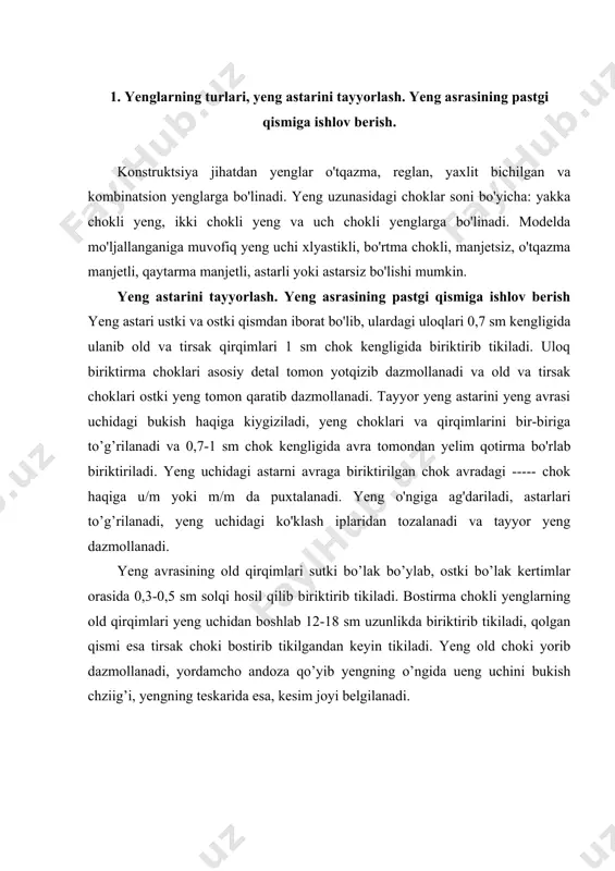 sm.kesimli tengni tikish. a – qotirmaning bir tomoniga yelim kukun qoplangan, b – yelim qotirmali, v – yelim ipli, g – kolinkor qotirmali a – kesmimi ag’darma chokli yenglar, b – ochiq kesmili yenglar, c – ochiq kesimli yenglar yeng uchiga qptirma yelim yopishtiriladigan bo’lsa uning yuqori qirqimidan 0,2 sm narida yelim ip qo’yib, avraning teskarisiga dazmolda yoki pressda yopishtiriladi. qotirmaning bir tomoniga yelim kukun qoplangan bo’lsa, uni yengning bukish haqini bukib pressda dazmollanayotganda qo’yib yopishtiriladi. 2 kesimli yenglarga ishlov berish. kesimi ag’darma chokli yenglarning tirsak choklari tikilayotganda kesim qirqimlari ham 0,5 sm kenglikda chok hosil qilib biriktiriladi. yeng ost bo’lagidagi kesim chok haqining yuqori va pastgi burchaklari baxyaqatorga 0,1 sm yetkazmay kertib qo’yiladi. tirsak choki yorib dazmollanadi. ochiq kesimli yenglar tayyorlashda ust bo’lag kesim haqqini o’ng tomonga bukib uning pastgi chetida 0,5 sm kenglikda chok hosil qilib, yon qirqimiga 0,5 sm yetkazmay biriktirib tikiladi. tirsak choki tikilayotganda kesimning yon …