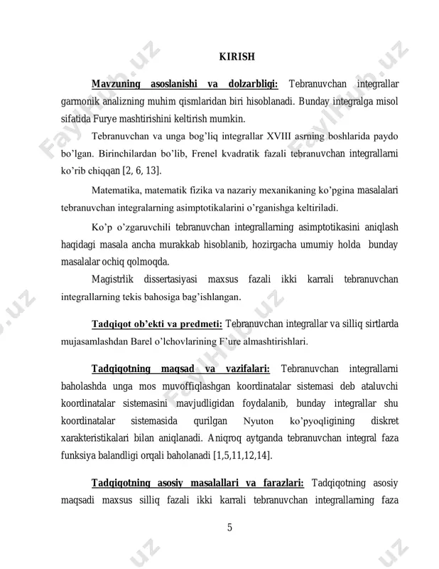alari tebranuvchan integralmng bosh asimptotik hadini beradi. ikkinchi tomondan esa a.n.varchenko qurgan misollar shuni ko’rsatadiki uch o’lchovli holda faza funksiya nyuton ko’pyoqligi tebranuvchan integralning bosh hadini bermas ekan. i.a.ikromov va g.a.khasanov tomonlaridan silliq fazali ikki karrali teb- ranuvchan integrallar uchun a.n.varchenko teoremasining analogi olingan [9,14,]. tadqiqotda qo’llanilgan uslublarning qisqacha tavsifi: mazkur magistrlik dissertasiyasida differensial geometriya, algebra, maxsusliklar nazariyasi, matematik analiz va asimptotik analiz usullaridan foydalanilgan. 7 tadqiqot natijalarining nazariy va amaliy ahamiyati: tadqiqot natijalari fundamental harterga ega bo’lib uning bevosita amalyotga tadbig’i kuzatilmagan. ammo undan va unda qutilgan misollardan maxsus kurslarda foydalanish mumkin. tadqiqotning ilmiy yangili: ikki karrali tebranuvchan integral faza funksiyasiga ma’lum shartlarni qanoatlantiruvchi ortirma berilganda, boshqacha aytganda faza funksiyasining ba’zi maxsusliklari ichun tekis baholari tolingan. bu natijalarni magistrlik dissertasiyasining ilmiy yangiligi sifatida qarash mumkin. dissertasiya tarkibining qisqacha tavsifi: ushbu magistlik dissertasiyasi ikkita bob, 6 ta paragraph va adabiyotlar ro’yxatidan iborat. biz bu magistrlik dissertasiyasida maxsus silliq fazali ikki …