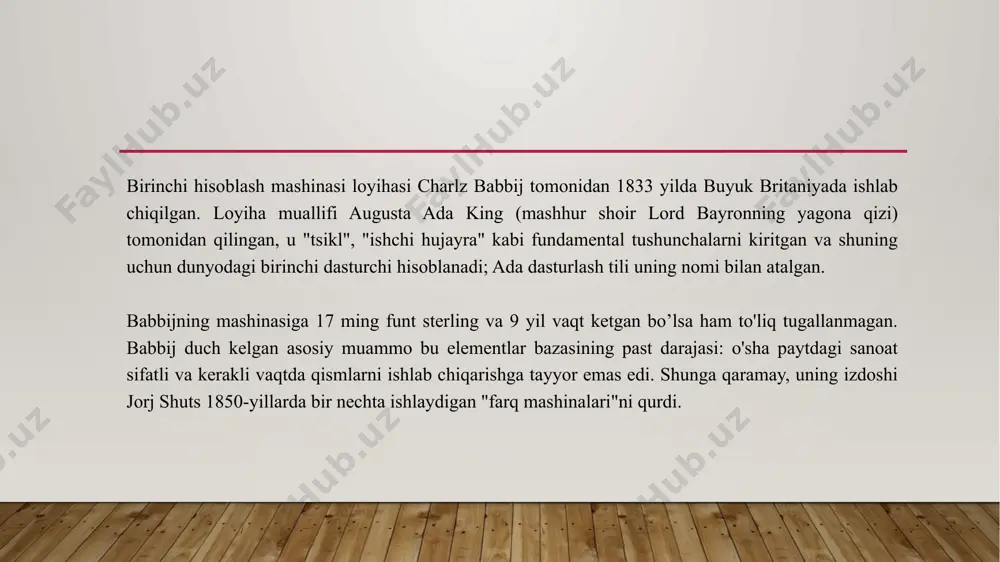 0-yillarning oxirida tsuzening yutuqlari amaliyotga tadbiq etilganida va boshqa olimlar ham udan foydlalana olganlarida, dasturlashning rivojlanishi qanchalik tezlashishi noma'lum, ammo amalda kompyuter texnologiyalarining rivojlanishi bilan dastlab mashina tili keng tarqaldi. mashina tilida dastur yozuvi nol va birlardan iborat edi. mashina tili odatda birinchi avlod dasturlash tili hisoblanadi (turli ishlab chiqaruvchilarning turli xil mashinalari turli xil kodlardan foydalangan, bu esa bir kompyuter uchun yozilgan dasturni boshqa kompyuterda ham ishlatish uchun dasturni qayta yozishni talab qilgan). “hello world!" dasturi x86 arxitekturali protsessori uchun quyidagicha ko’rinishda bo’lgan (o'n oltilik ko'rinishda): bb 11 01 b9 0d 00 b4 0e 8a 07 43 cd 10 e2 f9 cd 20 48 65 6c 6c 6f 2c 20 57 6f 72 6c 64 21 ko'p o'tmay, ushbu dasturlash usuli o’rnini ikkinchi avlod dasturlash tillari egalladi. ikkinchi avlod dasturlash tillarida ham dasturlar alohida kompyuterlar uchun alohida tuzligan, ammo ularda mnomokodlardan foydalanishga o’tilgani va mashina xotirasidagi manzillarga nomlarni moslashtirish …