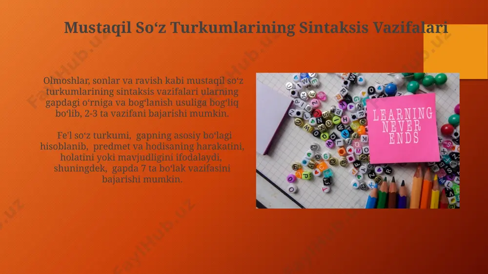 rida boʻlishi mumkin, bu esa lugʻat boyligini oshiradi. mustaqil soʻz turkumining ta'rifi mustaqil soʻz turkumlari gapda mustaqil a'zo boʻlib keladi va boshqa soʻzlarga bogʻlanmasdan oʻz ma'nosini saqlaydi. ularning soni va turi tilning boyligiga bog'liq. mustaqil soʻz turkumlari 8 ta asosiy turkumdan iborat boʻlib, ularning har biri oʻziga xos grammatik xususiyatlarga va lugʻaviy ma'nolarga ega. masalan, otlar, sifatlar va fe'llar kabi. ravish "ravish" so'zi 2 ta asosiy ma'noda qo'llaniladi: birinchisi – zavqlantirish, ikkinchisi esa – zo'rlash, jinsiy zo'ravonlik qilish. uning ikkinchi ma'nosi nol toqatsizlikka ega. "ravish" so'zining sinonimlari sifatida "enchant", "delight", "captivate" kabi so'zlar 3 ta grammatik kategoriyada ishlatilishi mumkin, ammo ma'noviy jihatdan bir-biridan farq qiladi. sifat sifatlar, otlarga nisbatan 2-3 marta ko‘proq qo‘llaniladigan mustaqil so‘z turkumidir va jumlada aniqlovchi vazifasini bajaradi. sifatlar jumlada, predmetning belgisini, xususiyatini, sifatini bildirib, grammatik jihatdan otlar bilan bog‘lanadi, jumlada 7 ta sintaktik vazifani bajara oladi. undalma undalma soʻz turkumi, morfologik jihatdan 2 ta asosiy koʻrinishga …