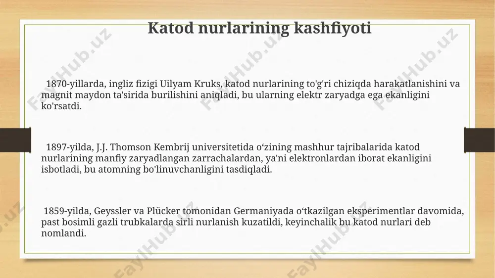nilishi katod naychalari, 20-asr boshlarida televizorlar va boshqa elektron qurilmalarning ishlab chiqarishida muhim rol oʻynadi, dunyoning turli mamlakatlarida, jumladan, aqsh va yevropa davlatlarida keng tarqaldi. 1930-yillarda katod nurlari elektron mikroskoplarni yaratishda qoʻllanildi, bu esa olimlarga 1000x dan ortiq kattalashtirish bilan hujayra va viruslarni kuzatish imkonini berdi, ilmiy taraqqiyotga sezilarli hissa qoʻshdi. katod nurlarining yuqori energiyali zarralar oqimi xususiyati, 19-asr oxirida rentgen nurlarining kashf etilishiga olib keldi, bu esa tibbiyotda, masalan, diagnostika va terapiyada keng qoʻllanila boshlandi. e'tiboringiz uchun rahmat @taqdimot_robot image3.png image4.png