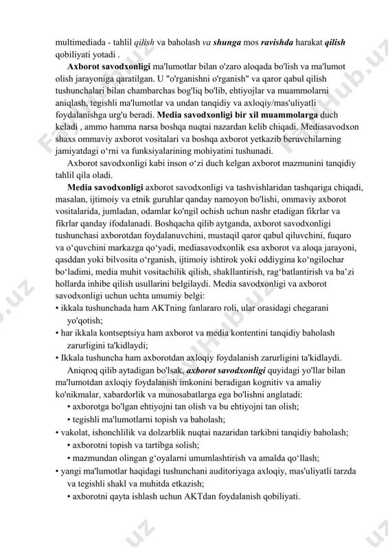 bo'lishi va keyinchalik internet asrining kelishi bilan "savodxonlik" tushunchasi takomillashtirildi va kengaytirildi. hozirgi vaqtda u muayyan axborot, media formatlari va tizimlari bilan bog'liq asosiy tushunchalarni, shuningdek, kutubxonalar, arxivlar va internet materiallari kabi ommaviy axborot vositalari va boshqa axborot provayderlari bilan o'zaro aloqada bo'lish uchun zarur bo'lgan kognitiv jarayonlar, bilim, munosabat va ko'nikmalarni, shuningdek, muayyan bilim sohalarini o'z ichiga oladi. tez-tez muhokama qilinadigan ijtimoiy savodxonlik misollari ilmiy, global, siyosiy, oilaviy, moliyaviy va madaniy savodxonlikni o'z ichiga oladi. media va axborot savodxonligi bu savodxonliklarning barchasiga asoslanadi. savodxonlik turli kontekstlarda bosma va yozma materiallardan foydalangan holda tanib olish, tushunish, sharhlash, yaratish, muloqot qilish va hisoblash qobiliyatidir. savodxonlik odamlarga o'z maqsadlariga erishish, o'z jamiyatlari va jamiyatda to'liq ishtirok etish uchun bilim va salohiyatini rivojlantirish imkonini beradigan umrbod ta'lim jarayonini o'z ichiga oladi. ushbu ta'rif keng tarqalgan bo'lib qo'llanilgan va qabul qilingan bo'lsa-da, unga aniqlik kiritish kerak. shuni ta'kidlash kerakki, "savodxonlik" o'qish va yozishdan ko'ra …