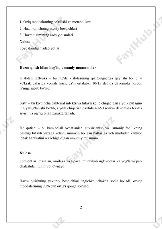 i tashkil qiladi. uglevodlar, lipidlar va oqsillar kabi makronutrientlar organizmga energiya beradi. har bir gramm uglevod va oqsilda 4 kkal, lipidlarda esa 9 kkal energiya mavjud. vitaminlar va minerallar muhim mikronutrientlardir. ular fermentlar faoliyatida va hujayra funktsiyalarini tartibga solishda yordam beradi, lekin energiya bermaydi. yo'g'on ichak va chiqindilarni chiqarish yo‘g‘on ichakda yashovchi milliardlab bakteriyalar (mikrobiota) hazm bo‘lmagan moddalarni parchalab, k vitamini va ba’zi b guruh vitaminlarini sintez qiladi, bu organizm uchun muhimdir. yo‘g‘on ichak 1,5 metr uzunlikda bo‘lib, suv va elektrolitlarni so‘rib olish orqali hazm bo‘lmagan moddalarni qattiq axlatga aylantiradi, shu jarayonda 10-20% suyuqlik so‘riladi. defekatsiya, axlatni chiqarish jarayoni, ichak peristaltikasi va qorin mushaklari qisqarishi orqali amalga oshiriladi; kuniga oʻrtacha 100-250 gramm axlat chiqariladi. mikrobiom va hazm qilish mikroorganizmlar hazm qilish traktida k vitamini va b guruhidagi vitaminlar (masalan, b12) sintezida ishtirok etadi, bu vitaminlar organizmning metabolik jarayonlari uchun zarurdir. ichak mikrobiotasining muvozanati, yaʼni 85% foydali va 15% zararli bakteriyalar, …