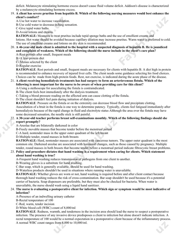physicians have prescribed, can cause dementia. although it's a problem among the elderly, it isn't as common as alzheimer's disease 10. the nurse is caring for an elderly female with osteoporosis. when teaching the client, the nurse should include information about which major complication? a. bone fracture b, loss of estrogen c. negative calcium balance d. dowager's hump rationale: bone fracture is a major complication of osteoporosis that results when loss of calcium and phosphate increases the fragility of bones. estrogen deficiencies result from menopause not osteoporosis. calcium and vitamin d supplements may be used to support normal bone metabolism, but a negative calcium balance isn't a complication of osteoporosis. dowager's hump results from bone fractures. it develops when repeated vertebral fractures increase spinal curvature. 11. the nurse is speaking to a group of women about early detection of breast cancer. the average age of the women in the group …