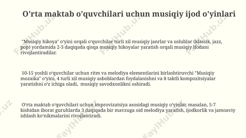 olalar uchun musiqiy teatrlashtirilgan o'yinlar rollarni taqsimlash, dialoqlarni qo'shish va 10-15 daqiqalik mini-sahnalar yaratishni o'z ichiga olishi mumkin, bu ularning ijodkorlik va hamkorlik qobiliyatlarini oshiradi. musiqiy teatrlashtirilgan o'yinlar 3-5 yoshli bolalar uchun sodda, takrorlanuvchi harakatlar va 5-7 ta asosiy so'zdan iborat qo'shiqlarni o'z ichiga olishi mumkin, bu ularning nutq va harakatlarini muvofiqlashtirish qobiliyatini rivojlantiradi. musiqiy hikoya yaratish o'yinlari 8-12 yoshli bolalar uchun murakkabroq, 4/4 va 3/4 kabi turli o'lchovli musiqiy ijro usullarini o'z ichiga olgan musiqiy hikoyalarni yaratish taklif etiladi, bu ularning musiqiy bilim va tahlil qilish qobiliyatlarini oshiradi. musiqiy hikoya yaratish o'yinlarida 3-7 yoshli bolalar sodda, 2-3 takrorlanuvchi melodiya va ritmlar yordamida osongina hikoya tuzishi mumkin, bu ularning musiqiy tasavvurini rivojlantiradi. 13-17 yoshdagi o'smirlar turli musiqiy janrlarni (jazz, klassik, pop) birlashtirib, o'ziga xos musiqiy hikoyalar yaratishi, musiqiy improvizatsiya va kompozitsiya ko'nikmalarini rivojlantirishi mumkin. ritm va melodiya bilan ishlash o'yinlari 3-7 ёшли болалар учун ритмни ўргатишда, турли хилдаги зарб асбоблари …