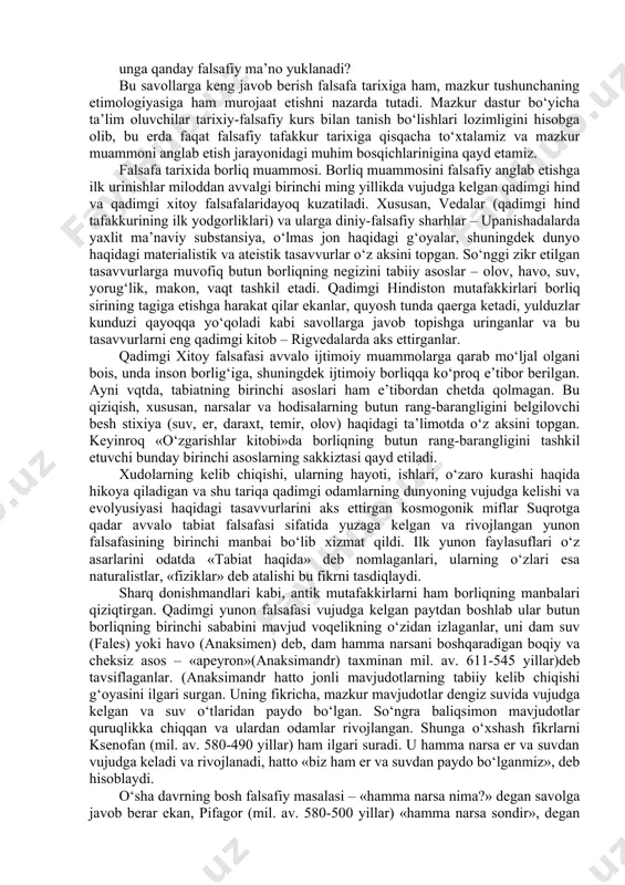 » kategoriyasi doimo markaziy o‘rinni egallaydi. chunki u har qanday predmet, hodisa, voqea va shu kabilarning eng muhim xususiyatini, aniqroq aytganda, ularning mavjud bo‘lish, bevosita yoki bilvosita namoyon bo‘lish, o‘zaro ta’sirga kirishish qobiliyatini aks ettiradi. bu inson o‘zligini va o‘zini qurshagan borliqni anglashga ilk urinishlaridayoq duch keladigan har qanday ob’ektning, borliq har qanday qismining umumiy xossasidir. inson aqlli jonzot sifatida shakllanish jarayonining ilk bosqichlaridayoq o‘z dunyoqarashining negizini tashkil etadigan muhim savollarga javob topish zaruriyati bilan to‘qnash keladi: «men kimman?» «meni qurshagan borliqning mohiyati nimada?» «borliq qanday va qaerdan paydo bo‘lgan?» «dunyoni nima yoki kim harakatlantiradi?» «dunyoning rivojlanishida biron-bir maqsad, maqsadga muvofiqlik, mo‘ljal bormi?» inson bunday savollarga javob berishga kirishar ekan, uning ongi avvalo o‘zi nima bilan bevosita ish ko‘rayotganini qayd etadi. buni aniq anglamasdan, u o‘zining dunyo haqidagi mulohazalarini aniq-ravshan narsalarni qayd etishdan boshlaydi. shu tariqa inson va uning ongi o‘zini qurshagan barcha narsalar avvalo mavjud bo‘lish qobiliyatiga ega ekanligiga …