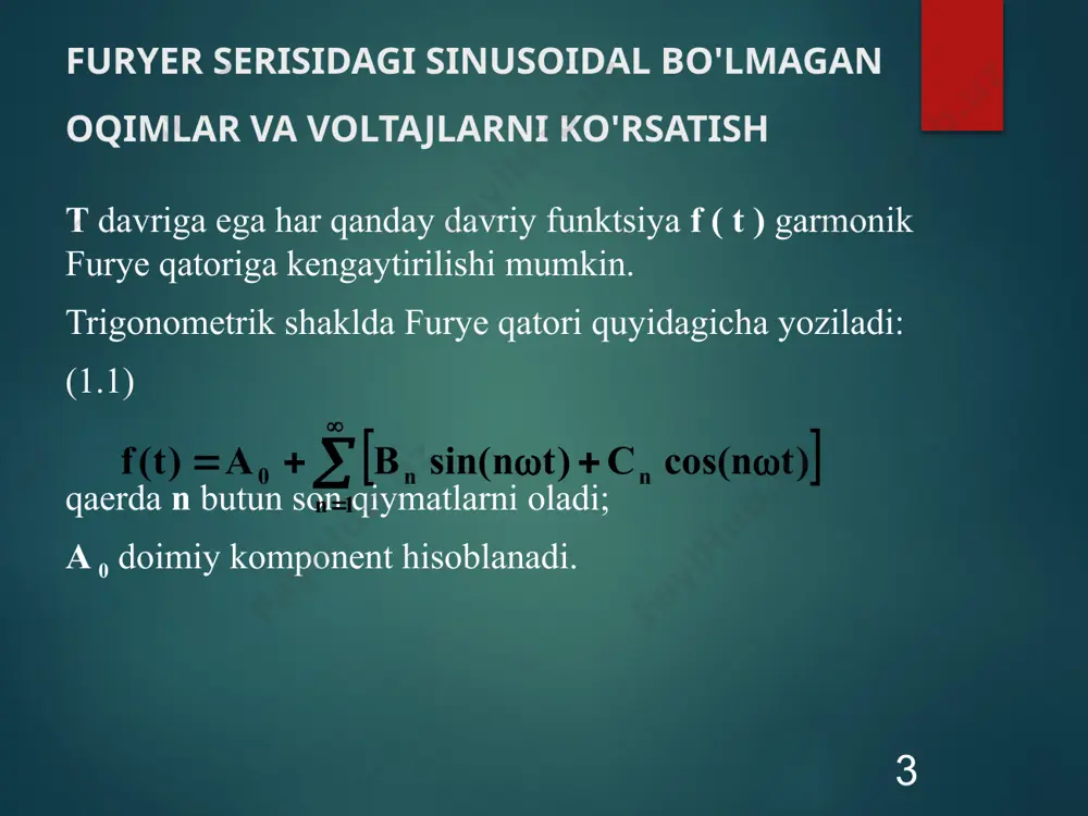 i; a 0 doimiy komponent hisoblanadi. 3 burchak chastotasi w \u003d 2 p f asosiy burchak chastotasi deb ataladi va asosiy burchak chastotasi bilan sinusoidal va kosinus komponentlari asosiy yoki birinchi harmonikni hosil qiladi. burchak chastotalari, karrali w yuqori chastotalar deb ataladi harmonika va bu chastotalar bilan garmonik qatorning komponentlari yuqori harmoniklardir. harmoniklar buning uchun n - toq deb ataladigan toq son ; buning uchun n juft son - juft . furye qatorining doimiy komponenti (1.1) ifoda bilan aniqlanadi (1.2) 4 va qatorning sinusoidal va kosinus hadlarining amplitudalari, mos ravishda: (1.3) (1.4) keling, t 0 = 0 ni qo'yamiz va yangi o'zgaruvchini kiritamiz a = w t . w t = 2 p va d a = w dt ekanligini hisobga olib , (1.1) – (1.4) dan biz quyidagilarni olamiz: (1,5) 5 (1.6) (1.7) (1.8) garmonik furye qatori (1.1) boshqa shaklda ham yozilishi mumkin. chunki qayerda 6 bu: (1.9) seriyaning …