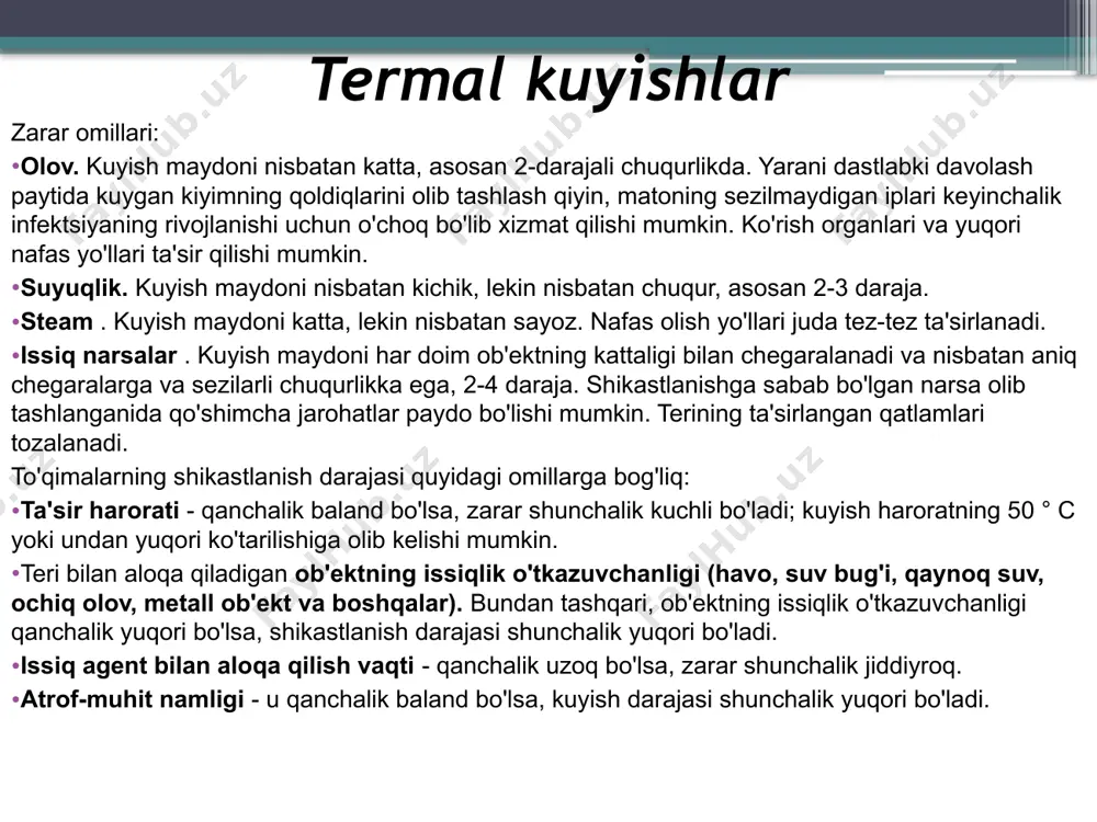 giz kerak, unga ko'p miqdorda iliq ichimliklar bering, spirtli ichimliklar mumkin. 4) jabrlanuvchiga tinchlik va to'liq qulaylikni ta'minlang, uni qayta-qayta almashtirish, ag'darish yoki bog'lash orqali bezovta qilmang. 5) og'riqni yo'qotish uchun maksimal dozalarda analjeziklar, giyohvand moddalar, antipsikotiklar va sedativlar ko'rsatiladi. qabul emas pufakchalar paydo bo'ladi teri yuzasidan kiyimni yirtib tashlash kuygan yuzani bog'lab qo'ying teri yuzasidan axloqsizlik va kirni yuving zararlangan sirtni kukunlar va alkogolli eritmalar bilan davolang zararlangan joylarni kremlar va yog'lar bilan yog'lang, un va kraxmal bilan seping. kimyoviy kuyish uchun birinchi yordam kimyoviy kuyish tashxisini qo'yishda uning qaysi turdagi kimyoviy vosita ekanligini aniqlash juda muhimdir. bundan tashqari, u tanaga umumiy toksik ta'sir ko'rsatadimi yoki yo'qligini aniqlash kerak. kimyoviy kuyishning yana bir xususiyatini ta'kidlash kerak. ushbu xususiyatlarni bilish kimyoviy vositani to'g'ri aniqlashga yordam beradi va shuning uchun birinchi yordamni to'g'ri ko'rsatadi. kislotalar va og'ir metallarning tuzlari to'qimalar bilan aloqa qilganda, oqsil koagulyatsiyasini keltirib chiqaradi va to'qimalardan suvni olib …