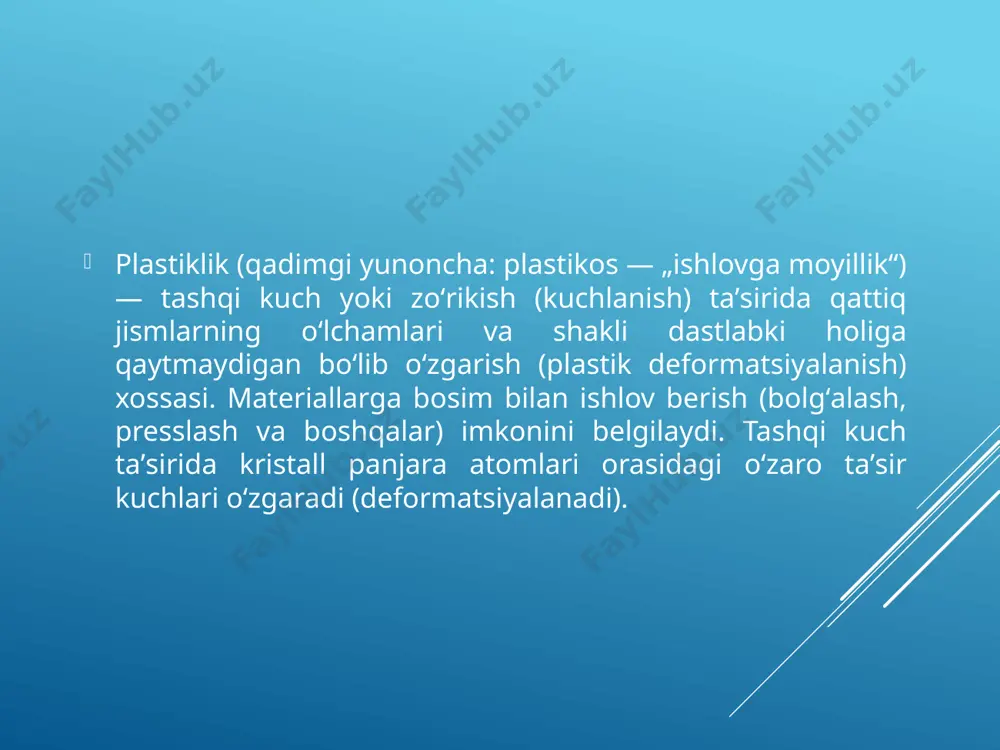 t yoki yog'och o'lchagichni qo'lingiz yoki boshqa kuch bilan egish oson. gravitatsiya yoki yuk ta'sirida gorizontal ravishda joylashgan nurlar va novdalar - ular egilish deformatsiyasiga duchor bo'ladi. bükme deformatsiyasini bir xil bo'lmagan kuchlanish va siqilish deformatsiyasiga kamaytirish mumkin. haqiqatan ham, konveks tomonda (4-rasm) material kuchlanishga, konkav tomonda esa siqilishga duchor bo'ladi. bundan tashqari, ko'rib chiqilayotgan qatlam o'rta qatlamga qanchalik yaqin bo'lsa kn, kuchlanish va siqilish qanchalik kichik bo'ladi. qatlam kn, kuchlanish yoki siqilish ostida bo'lmagan, neytral deb ataladi. foydalanilgan saytlar: https://uz.wikipedia.org/wiki/plastiklik https://uz.wikipedia.org/wiki/deformatsiya https://fayllar.org/deformatsiya-va-uning-turlari.html https://www.google.com/search?q=plastik+deformatsiya+va+uning+turlari&rlz=1c1ggrv_enuz1023uz1023&oq=plastik+deformatsiya+va+uning+turlari&aqs=chrome..69i57.2364j0j15&sourceid=chrome&ie=utf-8 etiboringiz uchun rahmat.