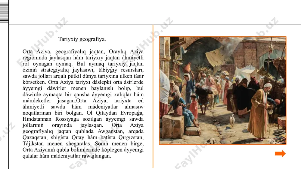 q xunlar" dep ataydı, buǵan xunlarga tuwısqan bolganlıǵı sebepli shıǵaradi. 353-jilda olar sogdqa bastırıp kiredi. xioniylar bilan sosoniylar duslasıp, olardı jeńedi.ayırım izertlewshilerdiń pikirinshe xioniyler dáslep altay tawları átirapında jasagan hám iv ásirdiń 1-yarımında qubla-batısqa qaray jıljıp, ámiwdárya hám sırdárya aralıǵındaǵı aymaqlarǵa kirip kelgen. bul aymaqta olar dáslep olar zarafshan oazisin iyelep, qublaga qaray háreket etken hám ádewir hálsirep qalgan qalǵan kushan pachalıǵı ornın iyeleydi. olardıń orayı toxarstan bolgan arqa hindstan, awganstan, xorasannıń bir bólimin de óz ishine algan xioniyler mámleketin dúzedi solay etip, iv ásirdiń 70-jıllarında orta aziyada 120 jildan artıq húkimdarlıq etken kúshli xioniyler húkimdarlıǵı ornatıldı. bul mámlekettiń shegarası sırdárya boylarınan ámiwdárya boylarına shekem sozilgan. úlken aymaqtı ielegen edi.xioniyler mámleketi hám mámlekechiligimiz tariyxında ornı úlken. bul mámleket túrkstan tariyxıy geografiyasında óz izine iye esaplanadı.kidariyler mámleketi. izertlewshilerdiń pikirinshe, kidariylerdiń dáslepki watanı shıǵıs túrkstan edi. beyshi jılnamasında keltiriliwinshe, yuechji húkimdarı sidolo jujanlar shabıwılı sebepli óz rezidenciyasın bolo yaǵnıy balxqa kóshirgen. orta …