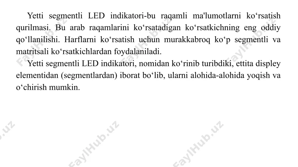 ni o‘z ichiga olgan kichik led ko‘rsatkich. panelda qarshilik yo‘q, shuning uchun ledlarni ulashda tashqi rezistorlardan foydalanish lozim. agar umumiy anodli yetti segmentli indikatorning pinouti tushunarsiz bo‘lsa, unda quvvatni turli pinlarga ulash orqali pinoutni empirik tarzda o‘rnatish mumkin. agar noto‘g‘ri yoqilsa, rezistorsiz ledlar yonib ketishi mumkin. modelni yig‘ish uchun quyidagi elementlar kerak: arduino uno / arduino nano / arduino mega platasi; bir xonali yetti segmentli indikator 5161as / hdsp 7503; yoqish tugmasi; rezistorlar 220 om; panel; papa-papa simlari. 5161as / hdsp 7503 modulini smenali registrsiz ishlatish va indikatordagi ledlarni yoqish uchun ko‘p sonli arduino uno pinlaridan foydalanish kerak bo‘ladi. birinchi misolda, paneldagi turli raqamlarni ko‘rsatish uchun ledlarni navbatma -navbat yoqiladi. modelning arduinoga ulanish sxemasi: oddiy led displeyda to‘qqizta chiziq bor: biri barcha segmentlarning katodlariga, ikkinchisi esa har bir segmentning anodiga o‘tadi. bu zanjir "umumiy katod zanjiri" deb nomlanadi, umumiy anodli zanjirlar ham bor (u holda buning aksi to‘g‘ri). ko‘pincha bazaning …