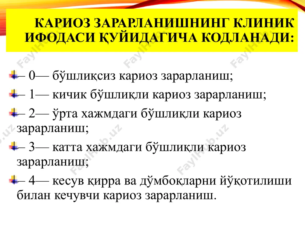 art-усулини ўтказишга қарши кўрсатмалар: кариоз тиш сохасида абсцесс, шиш ёки оқма йўлни мавжудлиги; тишда узоқ вақт давом этувчи оғриқни мавжудлиги, сурункали пульпит; очиқ тиш пульпаси; кариес кавагини мавжудлиги ва шу билан бирга қўл асбоблари билан ишлов беришга шароитни йўқлиги; очевидное наличие кариозной полости, но в то же время ее недоступность для обработки ручными инструментами; кавакни апроксимал сохада жойлашганлиги, ва шу бўшлиққа окклюзион ёки апроксимал юзадан киришга йўлни йўқлиги. минимал инвазив аралашув босқичлари: тиш юзасини гигиеник тозалаш ишчи юзани изоляцияси кўрсатмага биноан анестезия тиш тўқимасини бор, ультратовуш, лазер билан чархлаш адгезив тизим босқичлари нуқсонни тиклаш, окклюзион коррекция, силлиқлаш реставрация сифатини даврий назорати. фиссураларни герметизацияси учун воситалар. фиссураларни герметизация қилишга қарши кўрсатмалар кенг фиссуралар; оғиз бўшлиғи гигиенасини қониқарсиз холати; тиш юзасида ўрта ва чуқур кариеснинг мавжудлиги; фиссураларни герметизациялаш босқичлари: тишларни овқат қолдиқлари ва карашдан тозалаш. тиш юзасини қуритиш. махсус пахта болишчалар билан тишларни сўлакдан ажратиш. фиссураларга 30 сек. давомида 32% ортофосфор кислотаси …