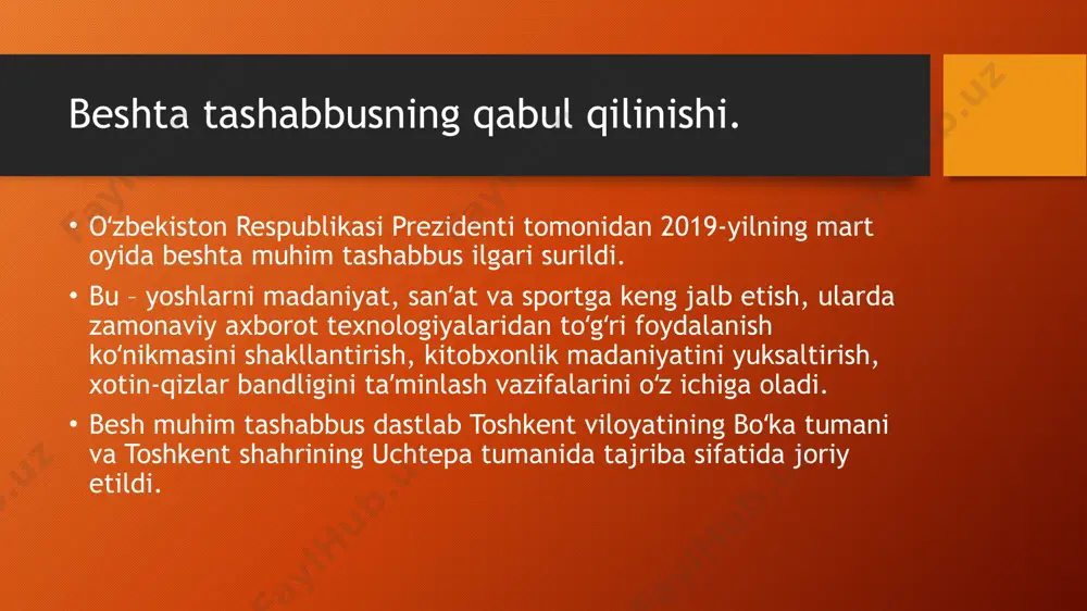 hlarni kompyuter texnologiyalari va internetdan foydalanishini tashkil etish maqsadida 72 ta “raqamli texnologiyalar oʻquv markazi” faoliyati yoʻlga qoʻyilganligi ham yoshlarimiz uchun yangi imkoniyatlar eshigini ochmoqda. beshta tashabbus doirasida qilingan ishlar. toʻrtinchi tashabbus – yoshlar maʼnaviyatini yuksaltirish, ular orasida kitobxonlikni keng targʻib qilish boʻyicha ham koʻplab ishlar amalga oshirilmoqda. jumladan, “maʼrifat karvoni” tadbirlari doirasida 3 mln dan ortiq kitoblar yoshlarga yetkazib berildi, “yoshlar kutubxonasi” rukni ostida 59 ta nomdagi 590 ming dona badiiy adabiyotlar chop etilib, respublikamizdagi barcha taʼlim muassasalari kutubxonalariga tarqatildi. beshta tashabbus doirasida qilingan ishlar. anʼanaviy tarzda oʻtkazib kelinayotgan “yosh kitobxon” tanloviga 2017-2019-yillar davomida 2 mln. 170 mingdan ortiq yoshlar qamrab olinib, 8 nafar tanlov gʻoliblari boʻlgan yosh kitobxonlar prezident sovgʻasi “spark” avtomashinasi sovrindori boʻlganligi ham yoshlarimizni kitobxonlik ruhiga yana qaytganini yorqin isbotidir. tadbirda “yosh kitobxon” tanlovining 2020-yilgi saralash bosqichlari 23-25-dekabrʼ kunlari barcha tuman (shahar)larda oʻtkazilishi toʻgʻrisida ham maʼlumot berildi va bu jarayon online tarzda amalga oshirilishi aytib oʻtildi. …