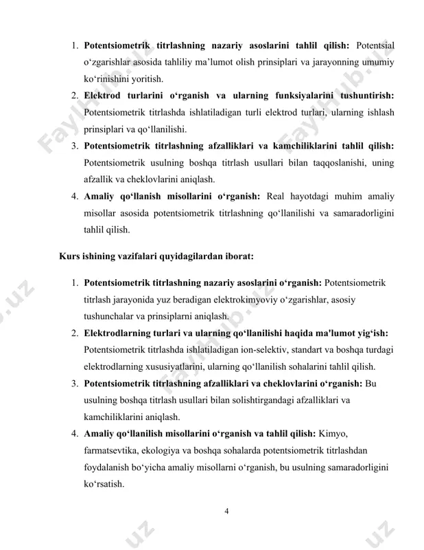 ash usuli va uning tahlil jarayonidagi qo‘llanilishidir. bu usulning asosiy jihatlari, ya'ni titrlash jarayonida elektrod potentsialining o‘zgarishi va analiz qilinayotgan modda konsentratsiyasini aniqlashda o‘lchovlarning ahamiyati o‘rganiladi. shuningdek, potentsiometrik titrlashda foydalaniladigan elektrodlar, ularning ishlash prinsiplari va turli sohalardagi amaliy qo‘llanilishi kurs ishi obyekti sifatida tahlil qilinadi. kurs ishining ahamiyati: shundaki, u zamonaviy kimyoviy va tahliliy usullar orasida muhim o‘rin egallagan potentsiometrik titrlashning nazariy va amaliy jihatlarini chuqur o‘rganishga imkon beradi. bu ish orqali talabalar kimyoviy moddalar miqdorini aniqlashda qo‘llaniladigan elektrokimyoviy usullarni tushunib, ularning turli sohalarda qanday afzalliklarga ega ekanini ko‘rishadi. potentsiometrik titrlash usulining aniqlik darajasi yuqori bo‘lgani uchun kimyo, biologiya, farmatsevtika, ekologiya va sanoat sohalarida keng qo‘llaniladi. kurs ishining ahamiyati, shuningdek, talabalarni ushbu usulning qo‘llanilish qamrovi bilan tanishtirishda, ularning ilmiy-tadqiqot qobiliyatlarini rivojlantirishda va amaliy qo‘llanish misollarini tahlil qilish orqali yangi bilim va ko‘nikmalarni shakllantirishda ham o‘z ifodasini topadi. kurs ishining tuzilishi. mazkur ish kirish, ikki bob, xulosa, foydalanilgan adabiyotlar ro'yxati va …