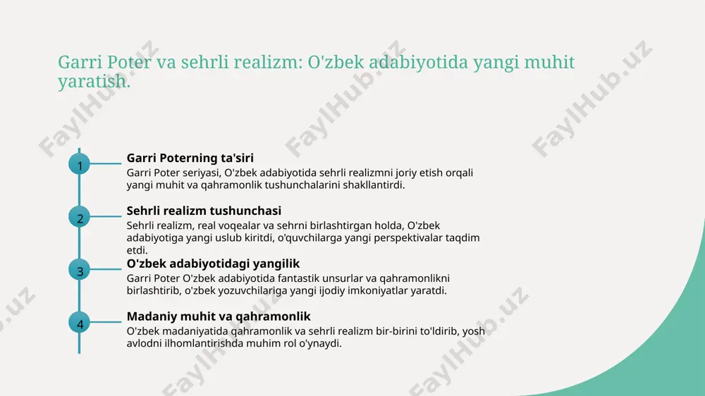madaniyatidagi an'anaviy qahramonlar bilan bog'lanadi, bu esa mahalliy hikoyalar va folklore bilan zamonaviy adabiyotni birlashtiradi. o'zbek madaniyatida garri poter: sehr va qahramonlikning birlashuvi. sehrli qahramonlar garri poter seriyasidagi qahramonlar, o'zlarining sehrli qobiliyatlari bilan birga, haqiqiy qahramonlik fazilatlariga ega. ular adolat va do'stlik uchun kurashadilar. o'zbek madaniyatidagi ta'sir garri poterning o'zbek madaniyatiga ta'siri, an'anaviy qahramonlik va sehrni birlashtirish orqali yangi qahramonlar yaratishdir. bu, o'zbek yoshlarini ilhomlantiradi. sehr va qahramonlik sehrli realizm, o'zbek adabiyotida qahramonlikni kuchaytiradi. garri poter seriyasi, o'zbek yoshlariga o'z qahramonliklarini topish uchun ilhom beradi. o'zbek folkloridagi magiya: garri poter va mahalliy an'analar. 1 o'zbek folklori o'zbek folklorida sehrli hikoyalar, mifologik qahramonlar va ajdodlarimizning qonunlari mavjud bo'lib, bu elementlar garri poterda yaqqol aks etadi. 2 magiya va qahramonlar garri poter seriyasidagi qahramonlar, o'zbek folkoridagi sehrgarlar va qahramonlar bilan bog'liq, ularning qahramonliklari mahalliy an'analarni yodga soladi. 3 mahalliy an'analar o'zbek an'analarida mujizaviy hodisalar keng tarqalgan, bu esa garri poterning fantastik elementlari …