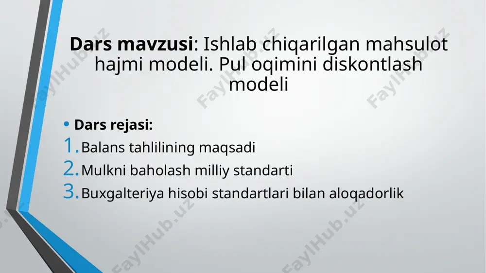 siyalarni saqlovchilarga yo‘naltiriladigan pul oqimi; aksiyalarga ega bo‘lmagan yoki aksiyalari ochiq bozorda sotilmaydigan va ishtirokchilari soni qonun hujjatlariga muvofiq cheklangan korxona; korxonani boshqarishga va uning siyosatiga ta’sir ko‘rsatish imkoniyati; korxonaning narxi yoki o‘zgacha qiymat asosi va uning faoliyatini tavsiflovchi moliyaviy, ishlab chiqarish yoki ashyoviy ko‘rsatkich o‘rtasidagi nisbatni ko‘rsatuvchi koeffitsiyent; buxgalteriya hisobi standartlari bilan aloqadorlik biznes qiymatini aniqlashda buxgalteriya hisobi va moliyaviy hisobot ma’lumotlari asosiy axborot manbai hisoblanadi va baholash taomillari, yondashuvlari va usullarini tanlashga, shuningdek yakuniy qiymat haqidagi xulosaga jiddiy ta’sir ko‘rsatishga qodir. buxgalteriya hisobi milliy standartlari va mulkni baholash milliy standartlari ko‘zlaydigan maqsadlardagi tushunchalar apparatida, qiymatni aniqlash va aktivlar hisobini yuritishning turli xil usullarida ifodalanadigan farqlar buxgalteriya hisobi va moliyaviy hisobot ma’lumotlariga ulardan kelgusida biznes qiymatini aniqlashda foydalanish uchun tuzatishlar kiritish zaruriyatini belgilaydi. standart talablari biznes (korxona) qiymatini baholash quyidagi bosqichlardan tarkib topadi: baholash haqidagi vazifani belgilash va baholash obyektini baholash to‘g‘risida shartnoma tuzish; axborot yig‘ish va uni tahlil …
