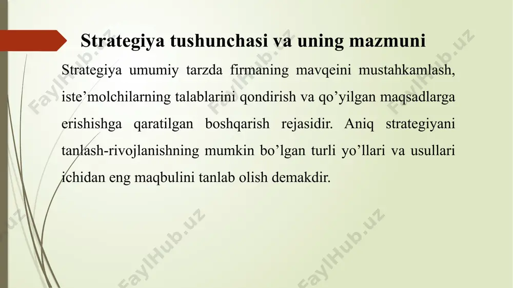 ’ladi: 1. ijrochi direktor yoki yuqori boshqaruv pogonasi raxbari; 2. aloxida korxonalarning foyda va zararlari uchun javobgar menejerlar; 3. muayyan ishlab chiqarish bo’linmasi bo’yicha funktsional menejerlar; 4. asosiy operativ bo’linmalar va regional bo’limlar menejerlari; xususiy kompaniyalar va korxonalarda odatda strategiya bo’yicha bitta yoki ikkita menejer mavjud bo’ladi. strategik boshqaruvning asosiy bosqichlari. strategik boshqaruvning asosiy bosqichlari quyidagilardan iborat: 1. biznes sohasini aniqlash va korxonaning asosiy maqsadini ishlab chiqish. 2. korxonaning asl maqsadini aloxida uzoq muddatli va qisqa muddatli faoliyat maqsadlariga aylantirish. 3. faoliyat maqsadlariga erishish strategiyasini belgilash. 4. strategiyani ishlab chiqish va amalga oshirish 5. faoliyatni baholash, vaziyatni ko’zatib borish va unga to’zatishlar kiritish. strategik rejalashtirishning afzalliklari: 1.ishni tashkil etishni strategiyaning «biz nima qilish uchun xarakat qilayapmiz va nimaga erishyapmiz?» degan asosiy aspektga yunaltirilganligini ta’minlash; 2.vujudga kelayotgan o’zgarishlar, yangi imkoniyatlar va taxdid solayotgan tendentsiyalarga menejerlarning yanada aniq reaktsiya ko’rsatish zaruriyati; 3.kapital quyilmalar va personal sonini kengaytirishning muqobil variantlarini baholash, ya’ni resurslarni …