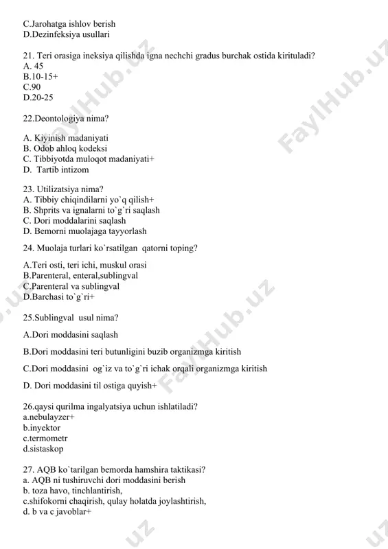 biologik antiseptika nima? a. jarohatni yuvish b. jarohatdagi o`lik to`qimalarni kesib oliv tashlash c. antiseptiklar bilan ishlov berish d. zardob va vaksinatsiya qo`llash+ 38.noverbal muloqot ? a.og`zaki muloqot b.so`zsiz,mimika,gavda holati+ c.yozma muloqot d. boshqa shaxs orqali muloqot 39. bemordagi o`lim vahimasi qanday? a.jismoniy b.ma`naviy c.ruhiy+ d.ijtimoiy 40. mehanik antiseptikaga nimalar kiradi? a. jarohatga birlamchi ishlov berish+ b. jarohatni yuvish c. jgut quyish d. antibitiklarni qo`llash 41. simptom nima? a. kasallik belgilari+ b. bemor shikoyati c. analiz ko`rsatkichlari d. barchasi to`g`ri 42. sindrom nima? a. simptomlar yig`indisi+ b.kasallik belgilari c. analiz ko`rsatkichlari d. tekshiruv natijasi 43. sifonli huqnani bajarishda ko`rsatma? a.to`gri ichak tushishi b.me`da va ichaklardan qon ketish c. yo`g`on ichakdan qon ketish d. tozalovchi huqna yordam bermasa va zaharlanishda+ 44. yuqumli kasalliklarni yuqish yo`llari a. havo tomchi, bemor biologic suyuqliklari va buyumlari+ b. havo tomchi, kiyimlar, qon c. shpritslar, manikyur, stomotologik asboblar d. nasldan naslga o`tish 45.avtoklavlash nima? a. qaynatib …