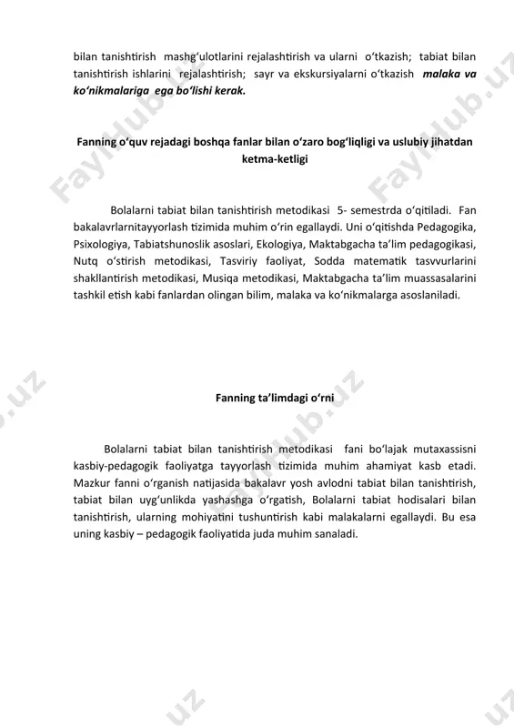 bilan tanishtirishning mazmuni yer va quyosh planetalari haqida tushunchalarni shakllantirish. tabiatdagi ekologik bog‘lanishlar haqidagi ma’lumotlarni shakllantirish. tabiat materiallarni yig‘ish va ularni badiiy ijodda aks ettirish. tabiatga nisbatan insoniy munosabatlarni shakllantirshda bolalarning yasash, qurish faoliyatlari. tabiat haqida beriladigan bilimlarning bolalar yoshiga mosligi. tabiat bilan tanishtirish tamoyillari tabiat bilan tanishtirishda ilmiylik tamoyili, bolalarning yoshiga mosligi tamoyili, o‘lkashunoslik tamoyili, ensiklopedik tamoyillar, faslchilik tamoyillari. tarbiyachi shaxsiga qo‘yiladigan talablar. maktabgacha tarbiya muassasasida tabiat bilan tanishtirish dasturining mazmuni bog‘chada bolalarning tabiat bilan tanishtirish uchinchimingyillikning bolasi tayanch dasturi asosida tayyorlanadi. dasturda bolalarning yoshi, psixik hamda fiziologik xususiyatlarga mos sur’atda ahloqiy, aqliy jixatda estetik mehnatsevarlik, ekologik tarbiya berish. maktabgacha yoshdagi bolalarni tabiatshunoslik sohasida barcha bilimlarni sodda oddiy tabiatshunoslikka oid bo‘lgan bilimlarni berilishi. dasturning xar bir bo‘limi yosh xususiyatlarni xisobga olib ta’lim va tarbiyaning ma’lum qirralarini singdirishni rejalashtirilgan. dasturda tabiatga oid materiallarni murakkablashuvi tamoili asosida joylashuvi. tabiat bilan tanishtirish dasturida fasllar bo‘yicha bilim berishning mazmuni. tabiat bilan tanishtirish metodlari …